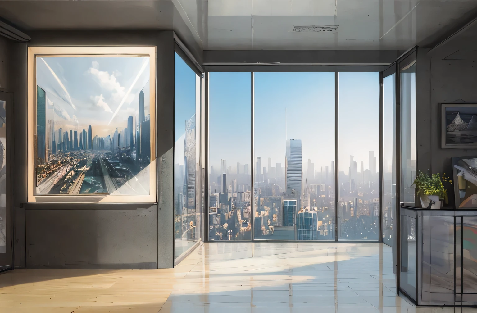 there is a picture of a large window in a room, cityscape in the window, futuristic painting, optimistic matte painting, window and city background, surreal matte painting, surreal cityscape background, surrealism 8k, 3 d render beeple, artgem and beeple masterpiece, overlooking a modern city, next to a big window, day cityscape, illustration matte painting