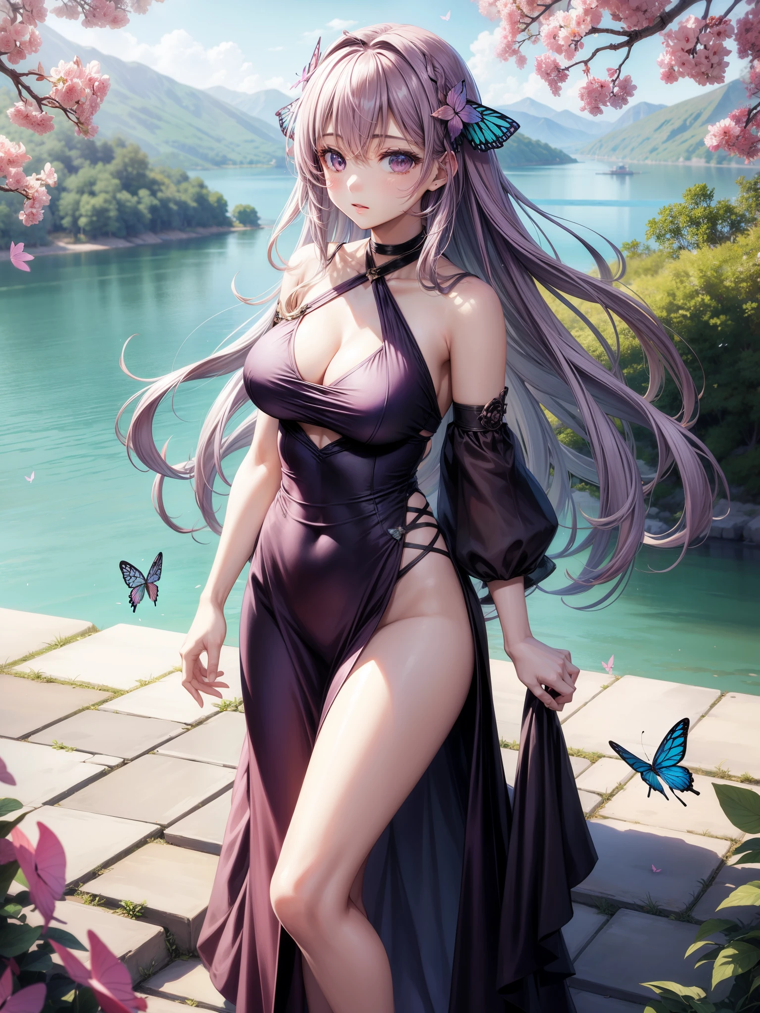 anime girl ,long mauve hair,wearing Halter dress top,have medium breasts, lake , Elif , butterflies