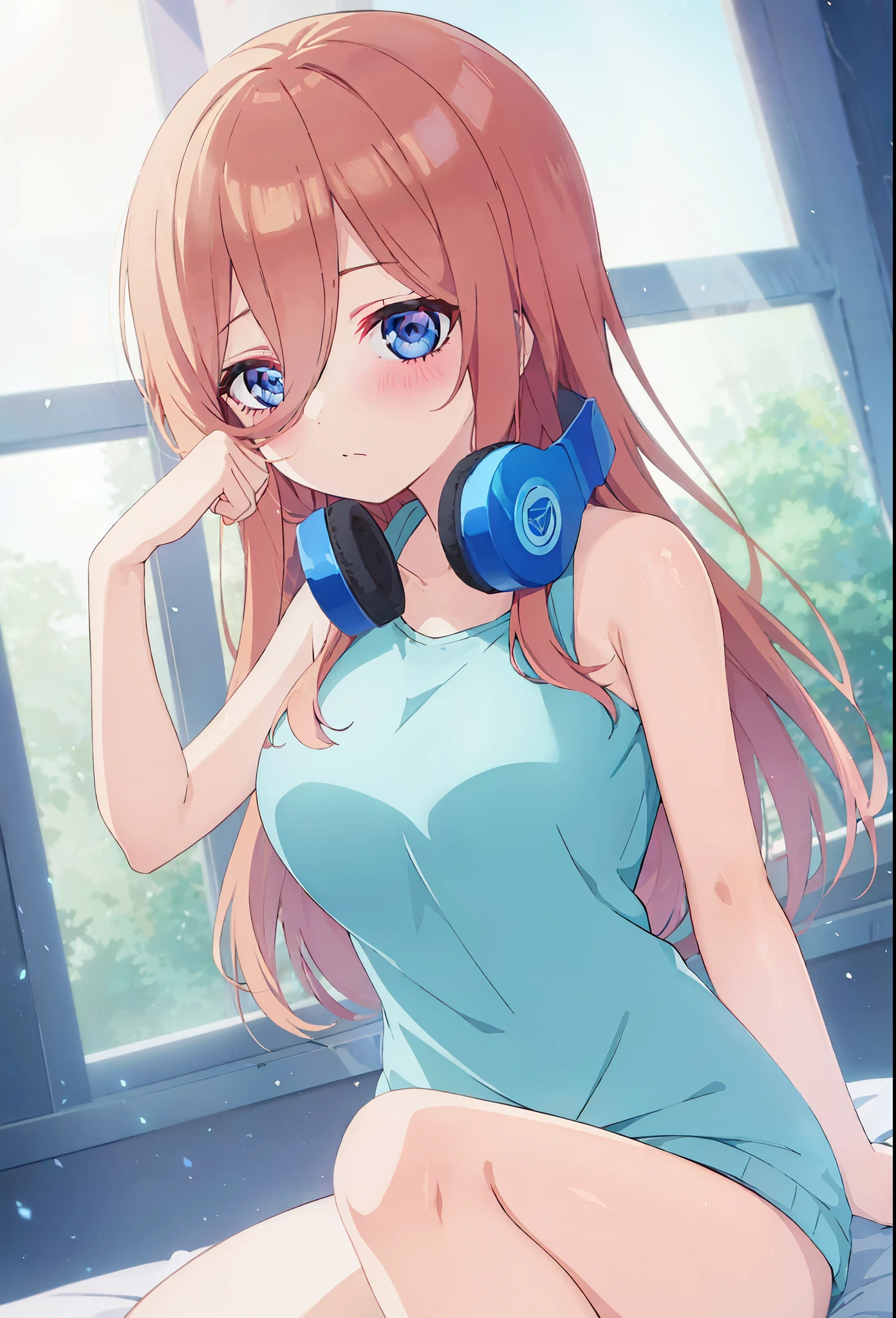 Miku nakano yawning, tender, lovely, 4k, perfect quality, excellent character design, pastel coloured image, vivid colours, bright colours, simple background, magic hill background, splendid nature, natural light, daylight, full body, full shot, dinamic pose, tired, rubbing eyes, laying down, clean lineart, neat, 4k, excellent quality, Ultra Detail, Soft Light, Deep Focus Bokeh, Ray Tracing, --niji 5. long fluffy pink brown hair, blue eyes, nakano_miku, iridescent, blue headset, hair strand falling across face, splendid, iridescent, dynamic pose, moving, excellent character design, full body pose, perfect face, aamiku,long hair,bangs,hair between eyes,headphones around neck