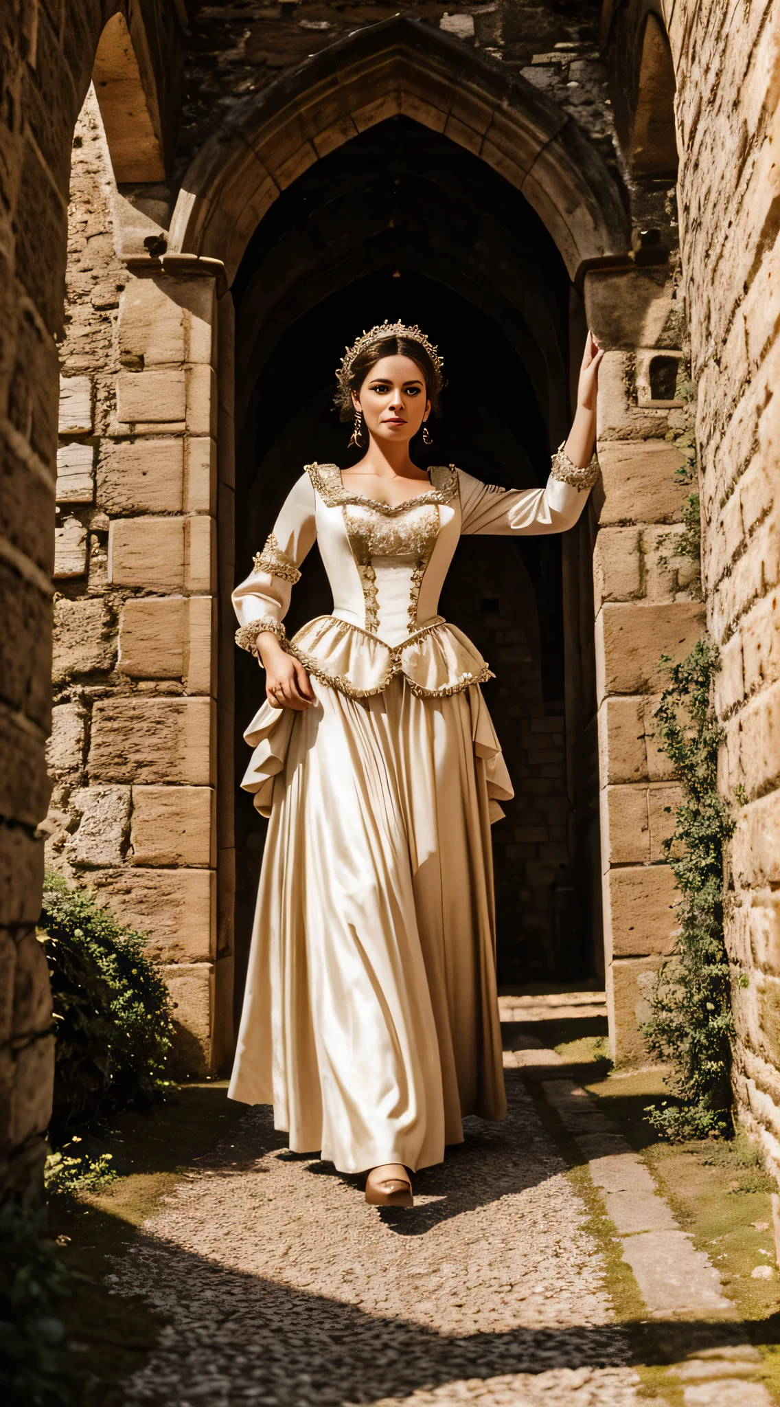 Full-length portrait of a beautiful woman in an intricate romantic vintage costume strolling through an old castle in Europe