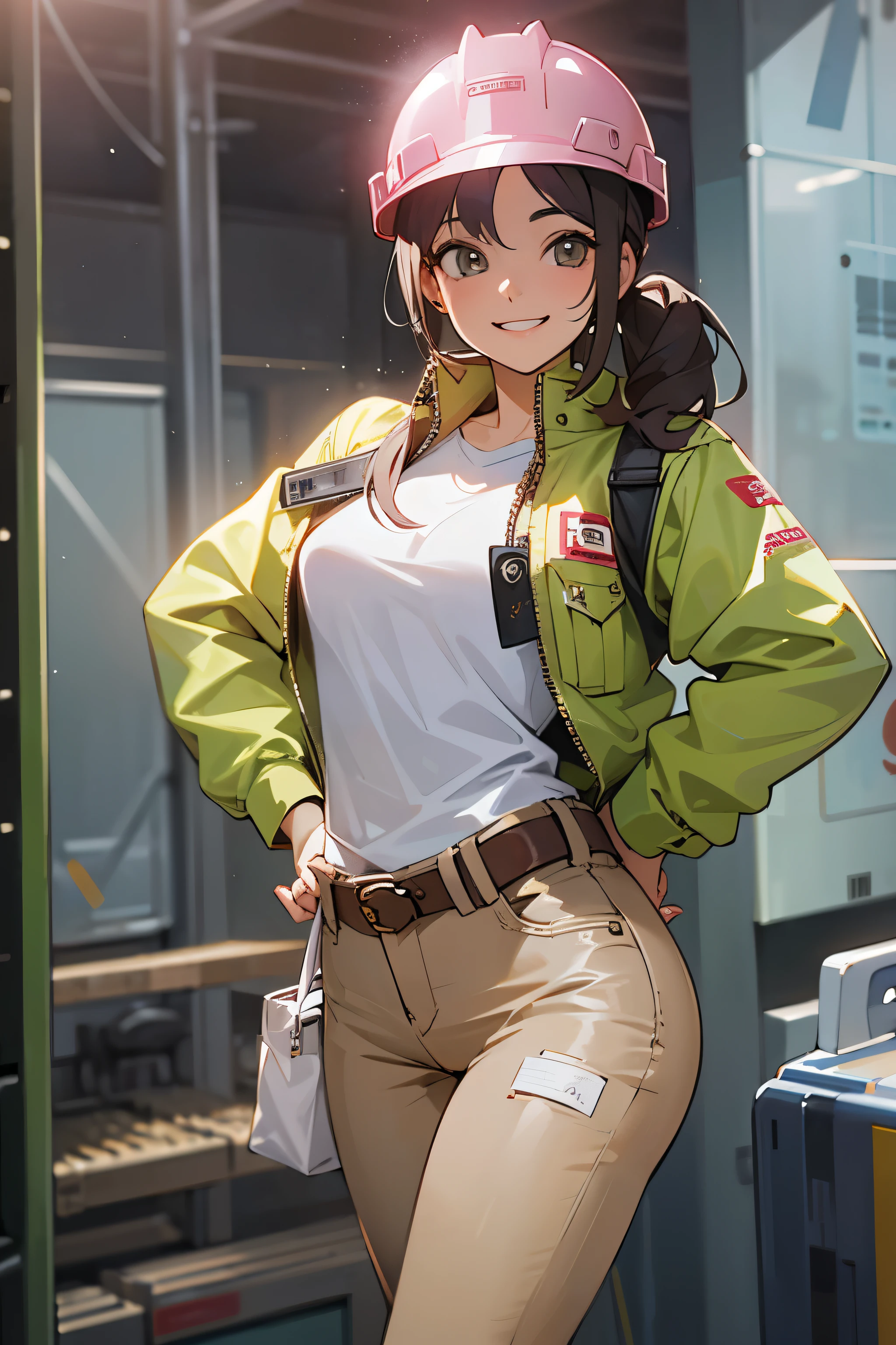 Female 25 years old,Front facing、jeans work clothes 、shiny skin、Looks like work is fun、smile、 fine fabric texture, jeans、long sleeve shirt、pink helmet,Construction site、Rear show window、return、looking at camera、Backlight
