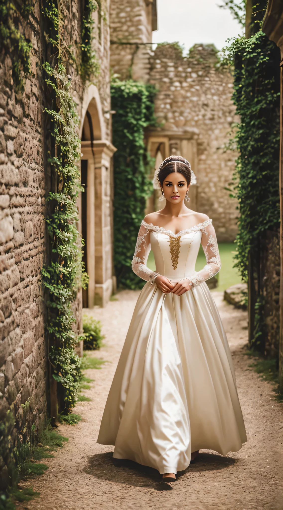 Full-length portrait of a beautiful woman in an intricate romantic vintage costume strolling through an old castle in Europe