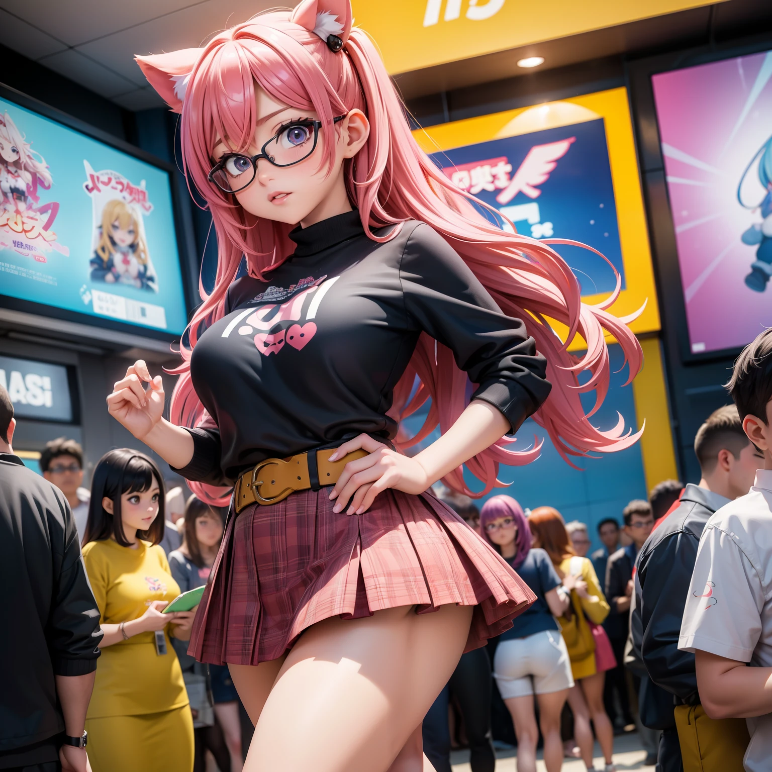 Setting: Crowded anime convention, with colorful booths and cosplayers around Lighting: Neon, reflecting off the manga posters on the walls Body: - Hair: Colorful, in an extravagant style inspired by anime characters - Face: Animated expression, bright eyes behind wide-rimmed glasses - Breasts: Generous, highlighted by a kawaii-style blouse - Hips: Wide, balancing with the character print skirt - Waist: Marked by a belt with themed buckles - Legs: Chubby, showing cartoon socks - Belly: Very cute, curves evident under the short top with kitten print - Eyes: Fascinated, shining with passion for anime and manga