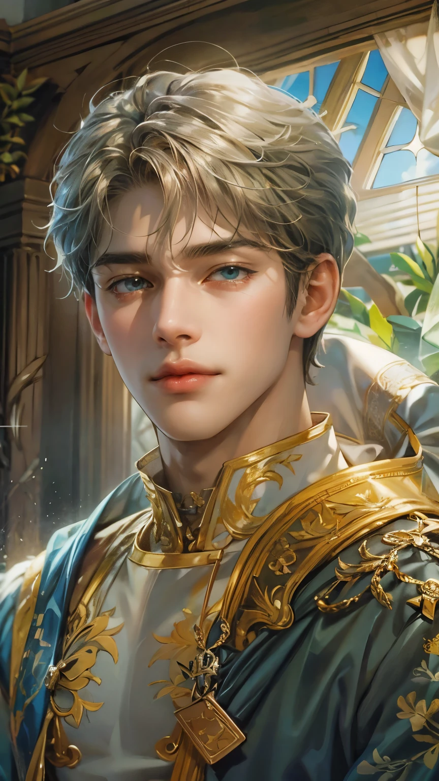 (absurdres, highres, ultra detailed, HDR), masterpiece, intricate details, best quality close-up picture of a character from Olympus Guardian with a perfect face, smirks, a god with handsome looks, cool hero outfit, short hair, anime eyes, matured teen, fantastic outfit showing chest, crop top, detailed Philippines interiors, window beach scenery, detailed character, art kenouji