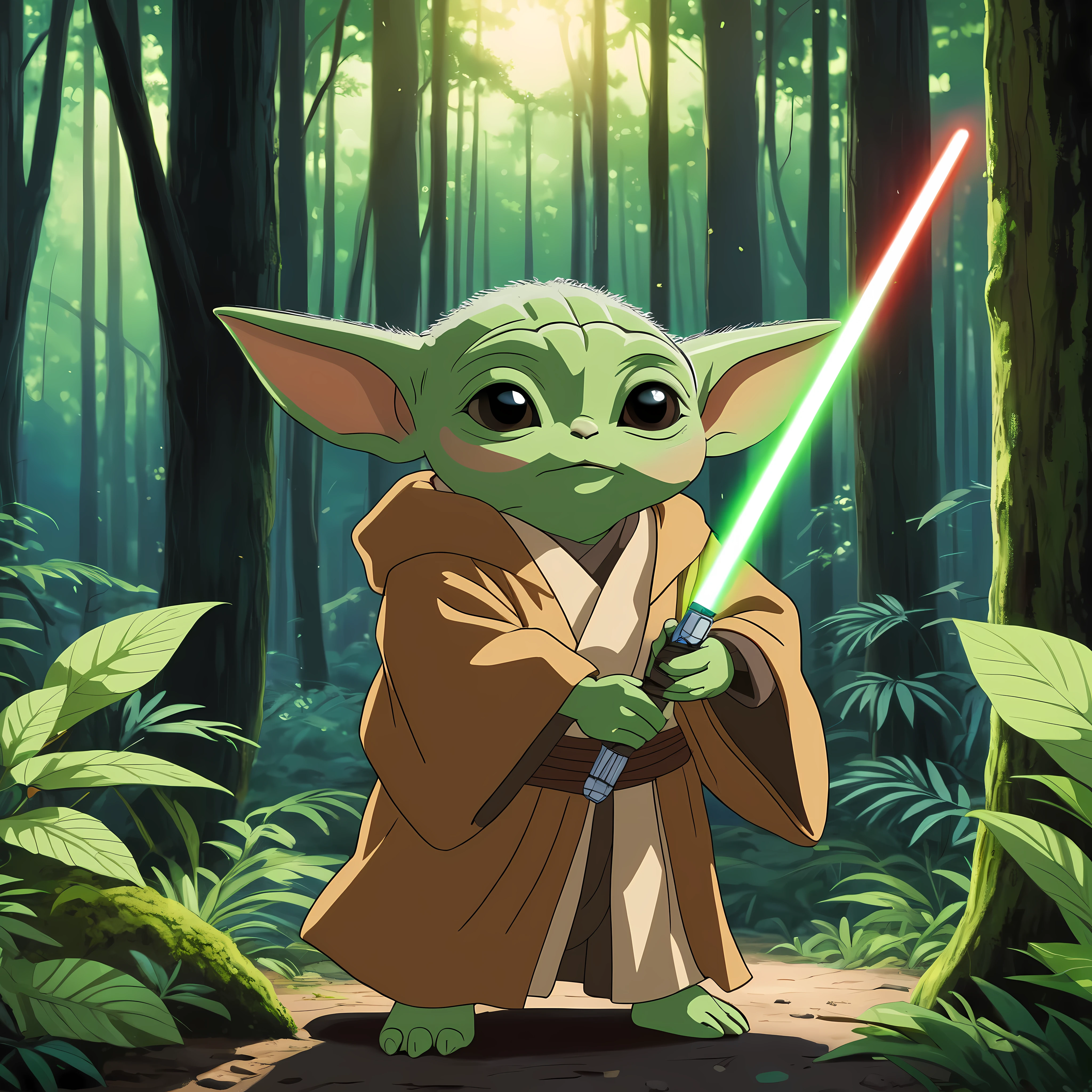 Generate an image in the Anime or Cartoon style of Studio Ghibli featuring Grogu from the Mandalorian series, also known as "The Child" or "Baby Yoda," in a tranquil forest setting. Grogu should be depicted wearing a Jedi robe, symbolizing his connection to the Jedi Order and the Force.
Grogu's Jedi robe should be rendered with attention to detail, featuring soft, earthy tones and gentle folds that flow around his small figure. The robe should convey a sense of innocence and wisdom, reflecting Grogu's unique character traits.
Grogu should be depicted holding a green lightsaber, the iconic weapon of the Jedi, in a playful yet determined manner. The lightsaber's blade should emit a soft green glow, illuminating Grogu's surroundings with its gentle light.
Pay close attention to capturing Grogu's adorable and expressive features, including his large eyes and endearing facial expressions. Ensure that his appearance remains faithful to his portrayal in the Mandalorian series, with a hint of Studio Ghibli's artistic style.
The forest setting should be rendered with lush foliage, towering trees, and dappled sunlight filtering through the canopy. Incorporate elements such as winding paths, babbling brooks, and colorful flora to create a sense of enchantment and wonder in the scene.
Overall, aim to create a captivating and emotionally resonant portrayal of Grogu in a forest, capturing the essence of his character and the magic of the Studio Ghibli style.