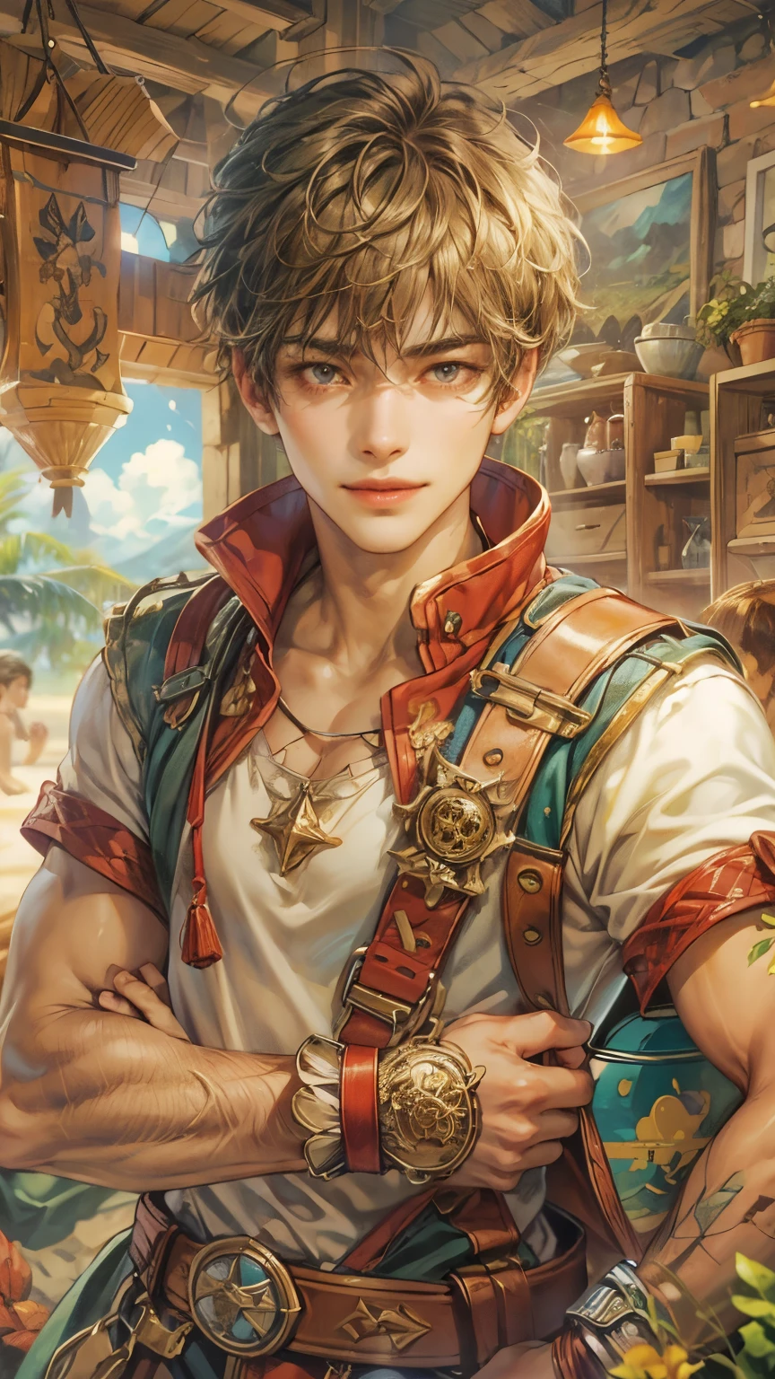 (absurdres, highres, ultra detailed, HDR), masterpiece, intricate details, best quality close-up picture of a character from Ragnarok Online with a perfect face, smile face, an adventurer with handsome looks, cool hero, short hair, anime eyes, matured , fantastic outfit showing chest, crop top, detailed Philippine market interiors with window beach scenery, detailed character, art kenouji