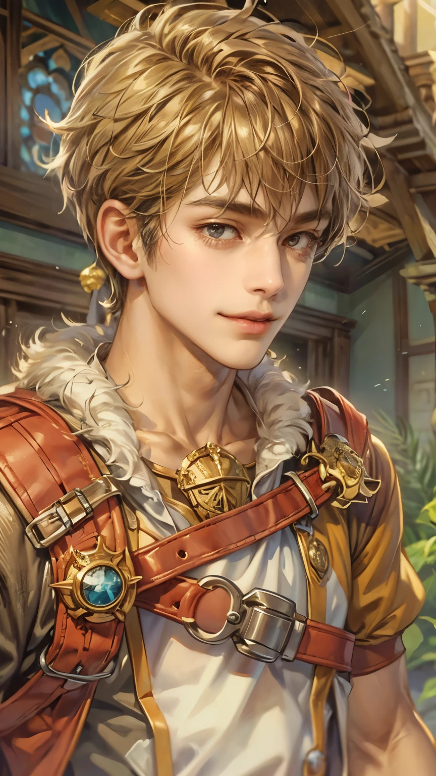 (absurdres, highres, ultra detailed, HDR), masterpiece, intricate details, best quality close-up picture of a character from Ragnarok Online with a perfect face, smile face, an adventurer with handsome looks, cool hero, short hair, anime eyes, matured teen, fantastic outfit showing chest, crop top, detailed Philippine market interiors with window beach scenery, detailed character, art kenouji