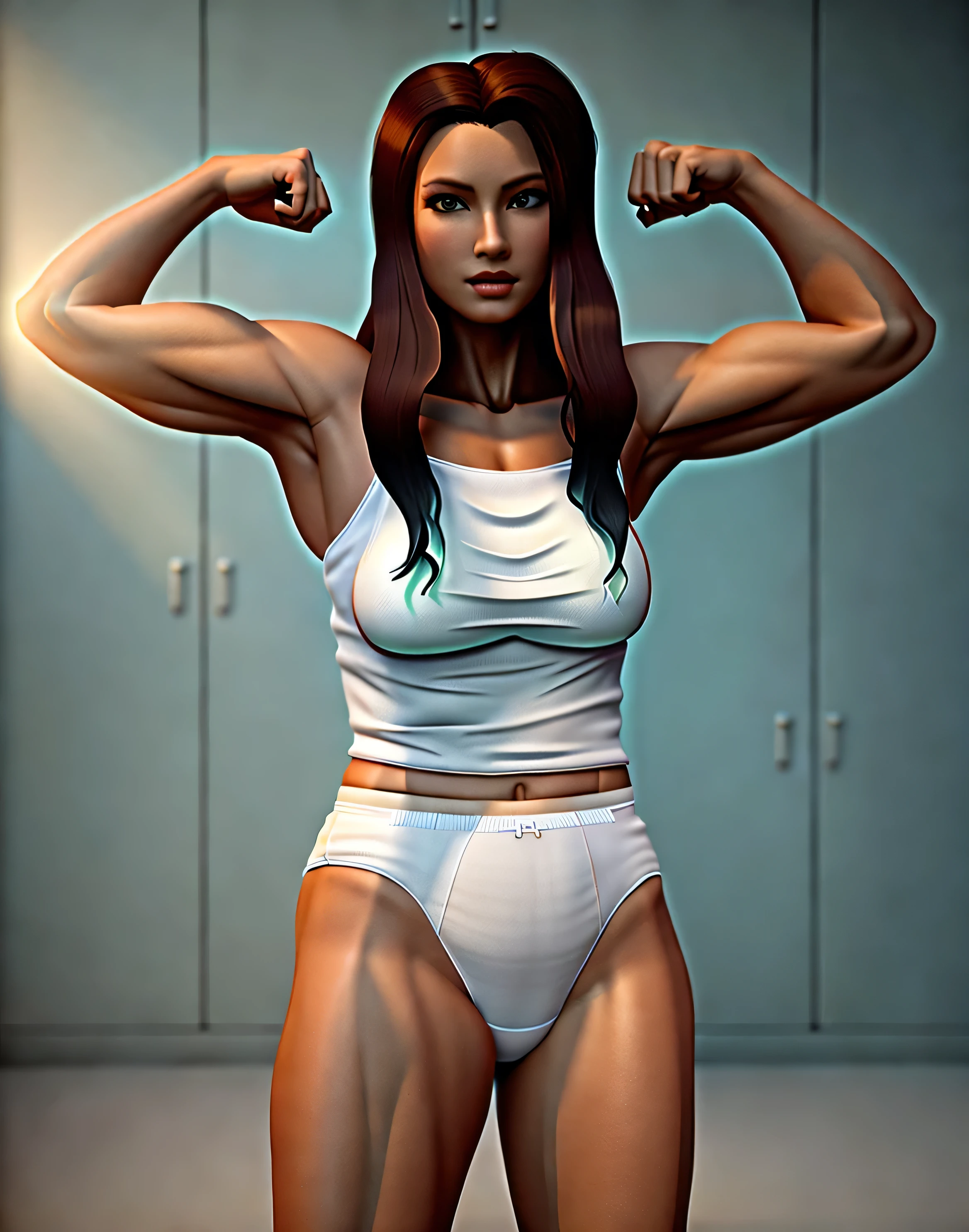 ((((masterpiece, best quality)))), ((35 year old)), (((Curvy))), ((Buff)) ((Norwegian woman with long blonde hair)), in ((white tanktop)), ((white high cut cotton panties)), ((Large Hips)), ((Standing in a cluttered locker room)), (((realistic 3D game model)))