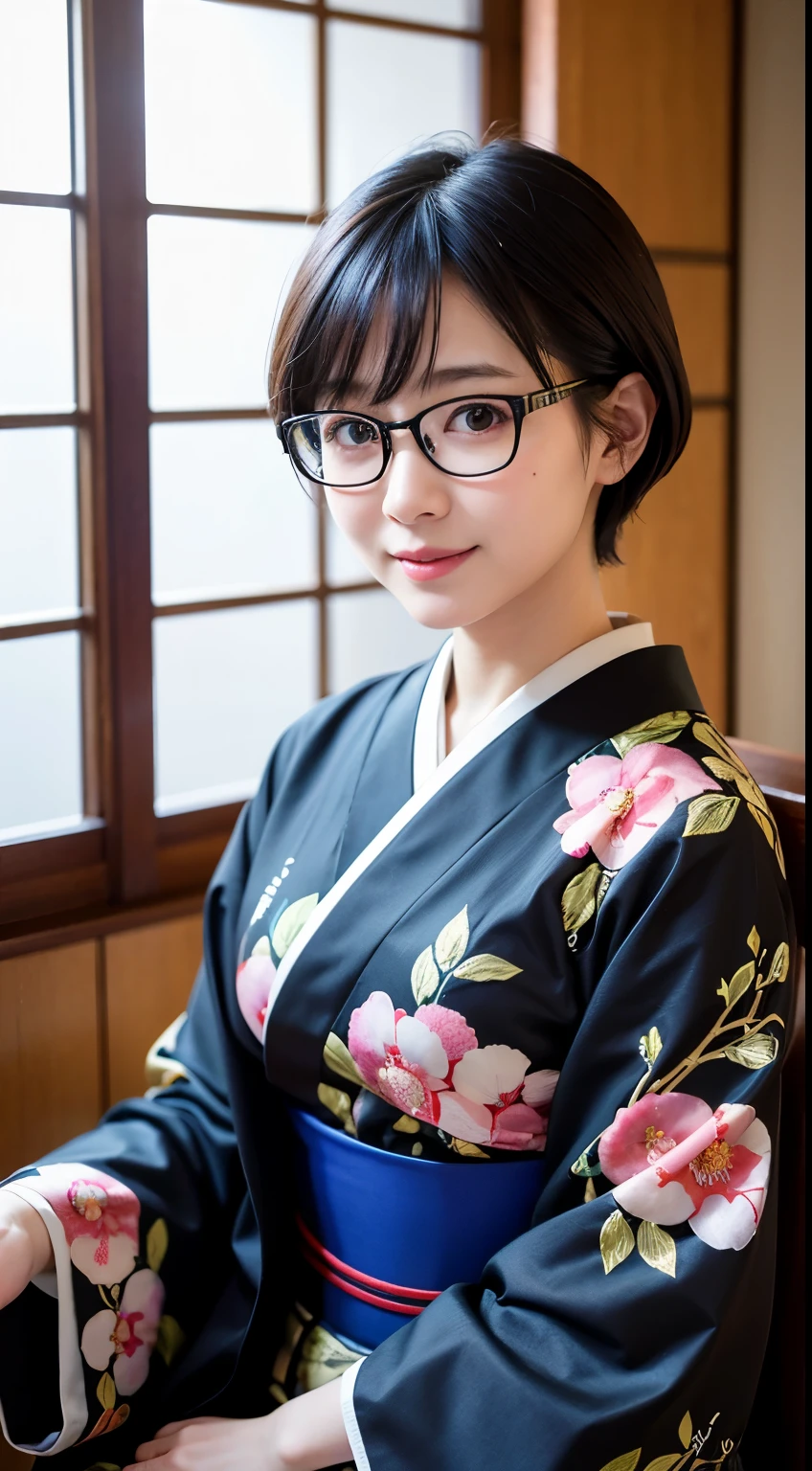 highest quality, masterpiece, ultra high resolution, (realistic:1.4), Raw photo, very detailed, perfect anatomy, 1 girl, 15 years old, most popular japanese idols, Wearing a luxurious Japanese kimono and cute designed glasses, innocent smile, Sitting straight in a traditional Japanese room, Very cute baby face like Japan's most famous idol, Amazingly beautiful big black and round eyes, very beautiful realistic skin, very beautiful black hair short cut, very beautiful big breasts, Detailed luxurious Japanese kimono, Cute glasses with detailed design, detailed beautiful face, fine eyes, Detailed and realistic skin, fine black short cut hair, Traditional Japanese room with attention to detail
