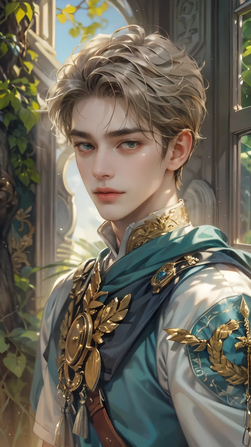(absurdres, highres, ultra detailed, HDR), masterpiece, intricate details, best quality close-up picture of a character from Olympus Guardian with a perfect face, smirks, a god with handsome looks, cool hero outfit, short hair, anime eyes, matured teen, fantastic outfit showing chest, crop top, detailed Philippines interiors, window beach scenery, detailed character, art kenouji