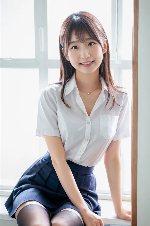 (Japanese cute girl), in a secretary room, sexy 18 yo girl, (full body), (cutest face), thin breasts, straight hair, smiling, skirt, (thighs), white blouse, clear depiction, view from sky above, 