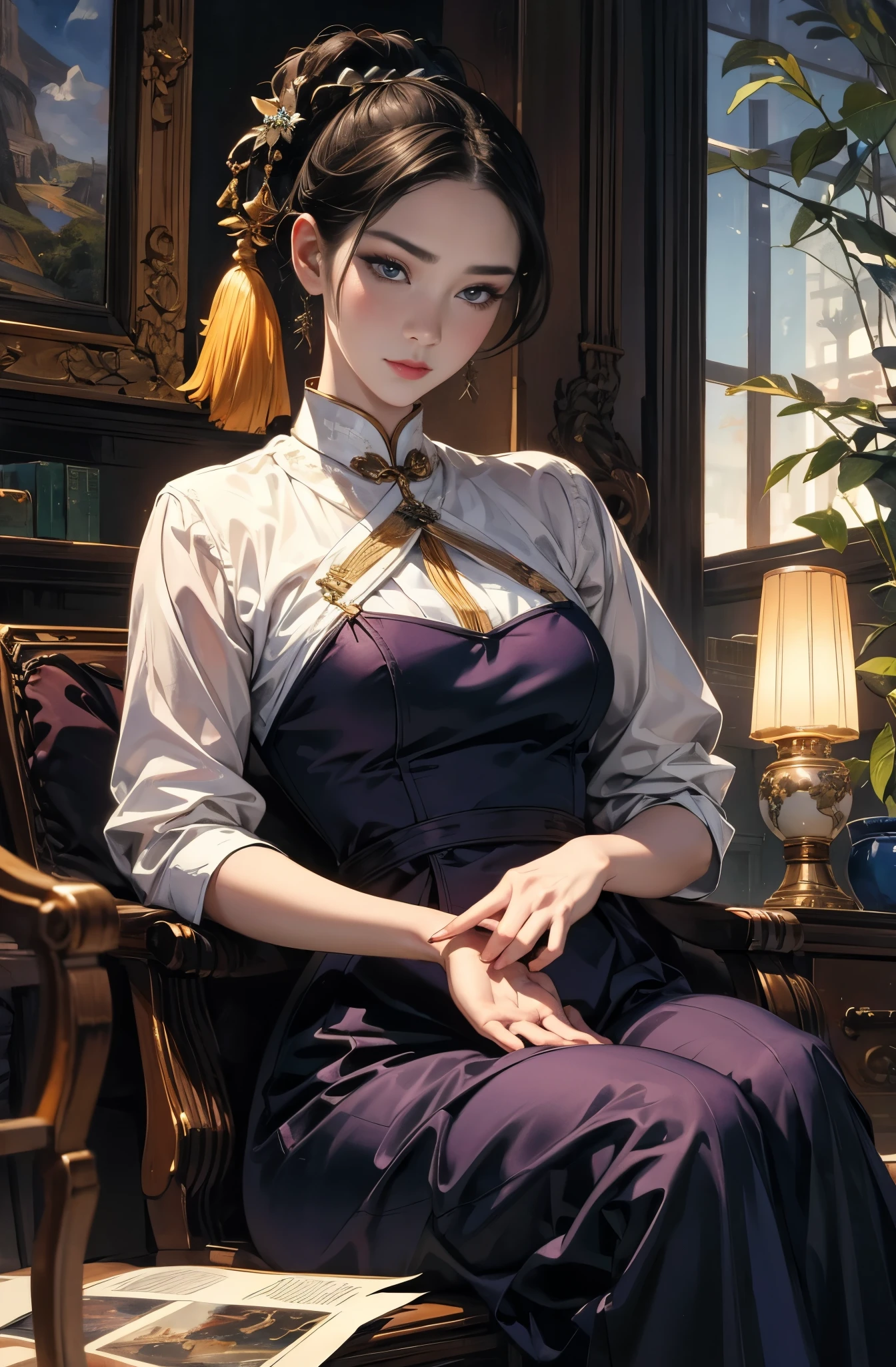 A painting of a beautiful young woman standing quietly, summerside night, beautiful hong kong night view, Million Dollar Night View, Chinese secret agent, talented female spy, First Class Saboteur She is wearing an elegant purple cheongsam...., Works that influenced Chen Yifei, Works that influenced Francesco Hayes, Inspired by Hendrik Terbruggen, Jean＝Works that influenced Auguste Dominique Ingres, Inspired by Liu Jun, Jean＝Works that influenced Auguste Dominique Ingres, highest quality, perfect angle, perfect composition, best shot, official art, cinematic light, figurative art, intense watercolor, watercolor detailed art,Beautiful and expressive paintings, Beautiful artwork illustration, wonderful, cool beauty, clear, Mysterious, highest quality, official art, perfect composition,perfect angle, Perfect light and shadow contrast, perfect shadow, sharp shadow, cinematic light, best shot, women only, sharp outline, melancholy, nostalgia, nostalgia,sharp and long eyes, Very beautiful and delicate eyes, ideal animation,　melancholy, nostalgia, romantic, 1960s, beautiful cityscape, Hong Kong travel diary, sepia colored memories, unforgettable woman, Close-up