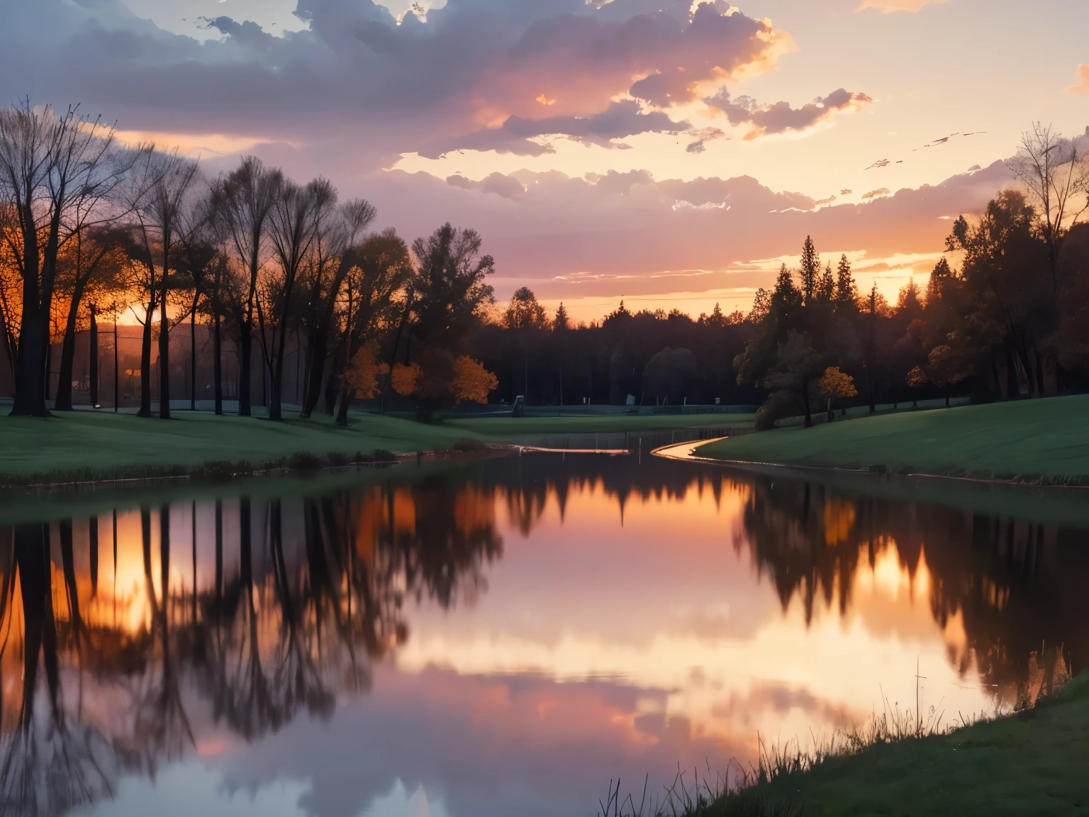 best quality, super fine, 16k, park pond at dusk, clouds, sunset, background orange and red
