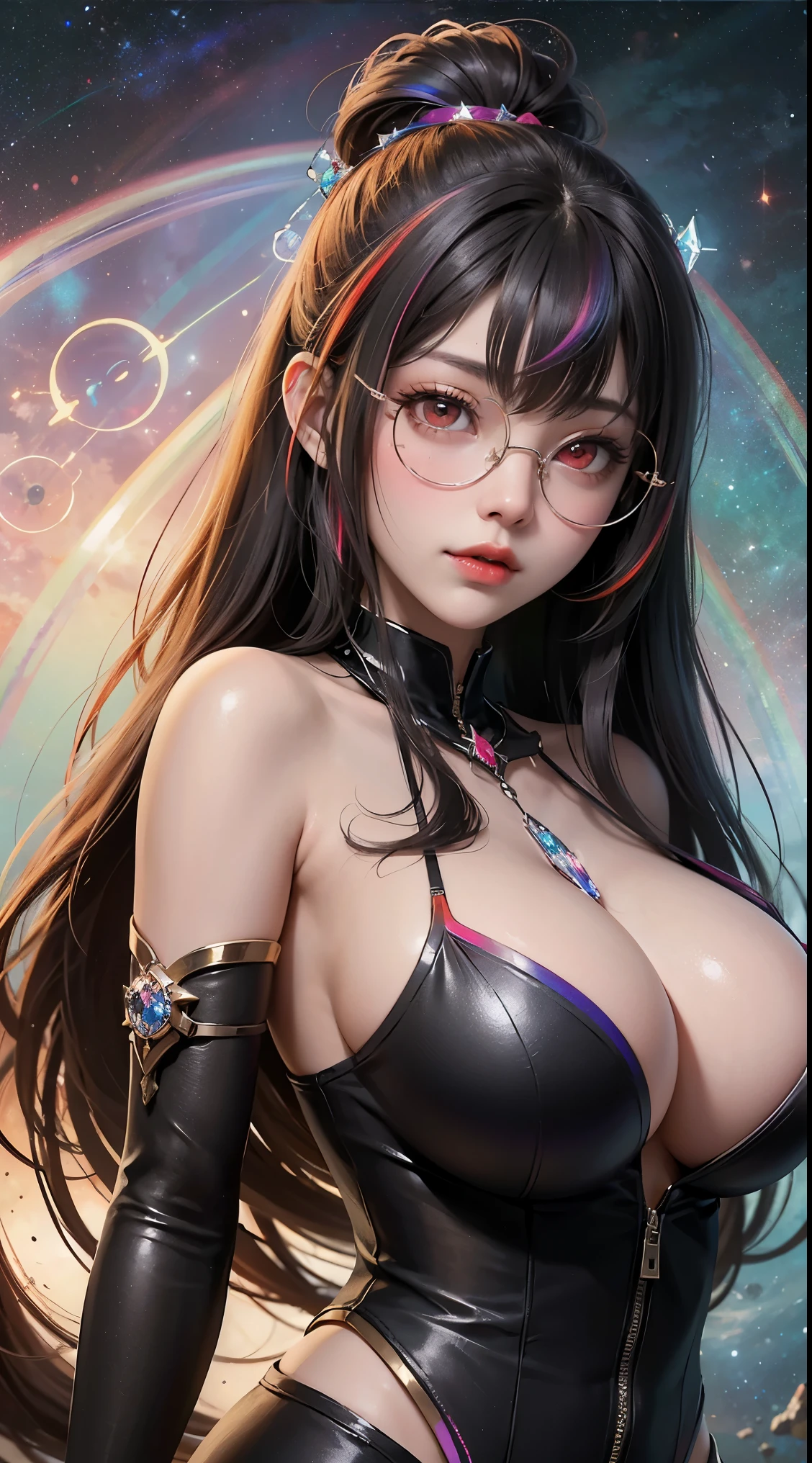 1名 27歳 woman, Understood、(best illustration)、8K UHD resolution、intricate details、最high quality、realistic、Super detailed、best writing、best shadow、soft lighting、ultra hd、dungeon and Dragon、cave、dungeon、 necromancer、night、dark style、Succubus、devil'Daughter of、bat wings,(((デーモンホーンラック縁round glasses))))、(((big breasts)))、(devil'tail)、(red eyes shine:1.6)、masterpiece、beautiful features、Tyndall effect、realisticphotograph、(high detail skin:1.2)、8KUHD、Digital single-lens reflex camera、high quality、photograph、High resolution、 absurd、Ponytail distortion、Optimal ratio of 4 fingers and 1 thumb、1 girl、hair ornaments、真っ赤に輝くgemのネックレス、gem、beautiful expression、body up、big breasts emphasis、tight waist、wide ass、Tyndall effect、Photoreal、(high detail skin:1.2)、dark and mysterious version, lipstick red lips, thin and beautiful lips, Don'Don'Don'Don'don't laugh, please shut your mouth, Characters created by Karol Baku and Pino Denis, intricate details, detailed background, very detailed, magic of light, woman, cute face, ((((giant glasses, otaku glasses, thick glasses, round glasses))))、 looking at the Upper body of the goddess , round chest, big and round chest, phoenix hair brooch, long hair with bangs, (Long hair has seven colors like a rainbow:1.9), Beautifully detailed face and well-proportioned eyes, (Crystal clear red eyes: 1.8), Big round eyes and very beautiful and detailed makeup, Visionary, long silk nightgowns, mysterious makeup, ブresponseレット, I dyed the side bangs light yellow....., Upper body, (goddess Upper body: 1.8), hanging arms, リアルで鮮やかなphotograph, (stars that make up : 1.7), ( Space-time portal of sky and imagination: 1.8), fiction art, RAWphotograph,黒い着物のphotograph, 最高のphotograph , expensive_response, 最high quality, 最高のphotograph, 8K quality, 8K ultra , surrealism, 最も経済的な本物のphotograph, Artistic portrait of 12 signs, Symbol of one of the 12 signs on the reverse side, 12 Portrait of the Goddess, 最もrealistic配色, 最高のphotograph color, masterpiece, hair ornaments, ネックresponse, jewelry, beautiful face, Upper body, Tyndall effect, photographのようにリアルな, Dark studio, border light, two tone light, (fine skin) expensive: 1.2), 8K UHD, Digital single-lens reflex camera, soft light, expensive quality, volume light, Frank, photograph, expensive responseolution, 4K quality, 8K, Bokeh, smooth and sharp, 10x more pixels, Charming goddess, sexy goddess, (background space: 1.8), (milky way: 1.7), aurora, lightning, (auroraの背景: 1.8) <roller:crazy_perfect eyes_V1_from_V1_, beautiful goddess and flowers,