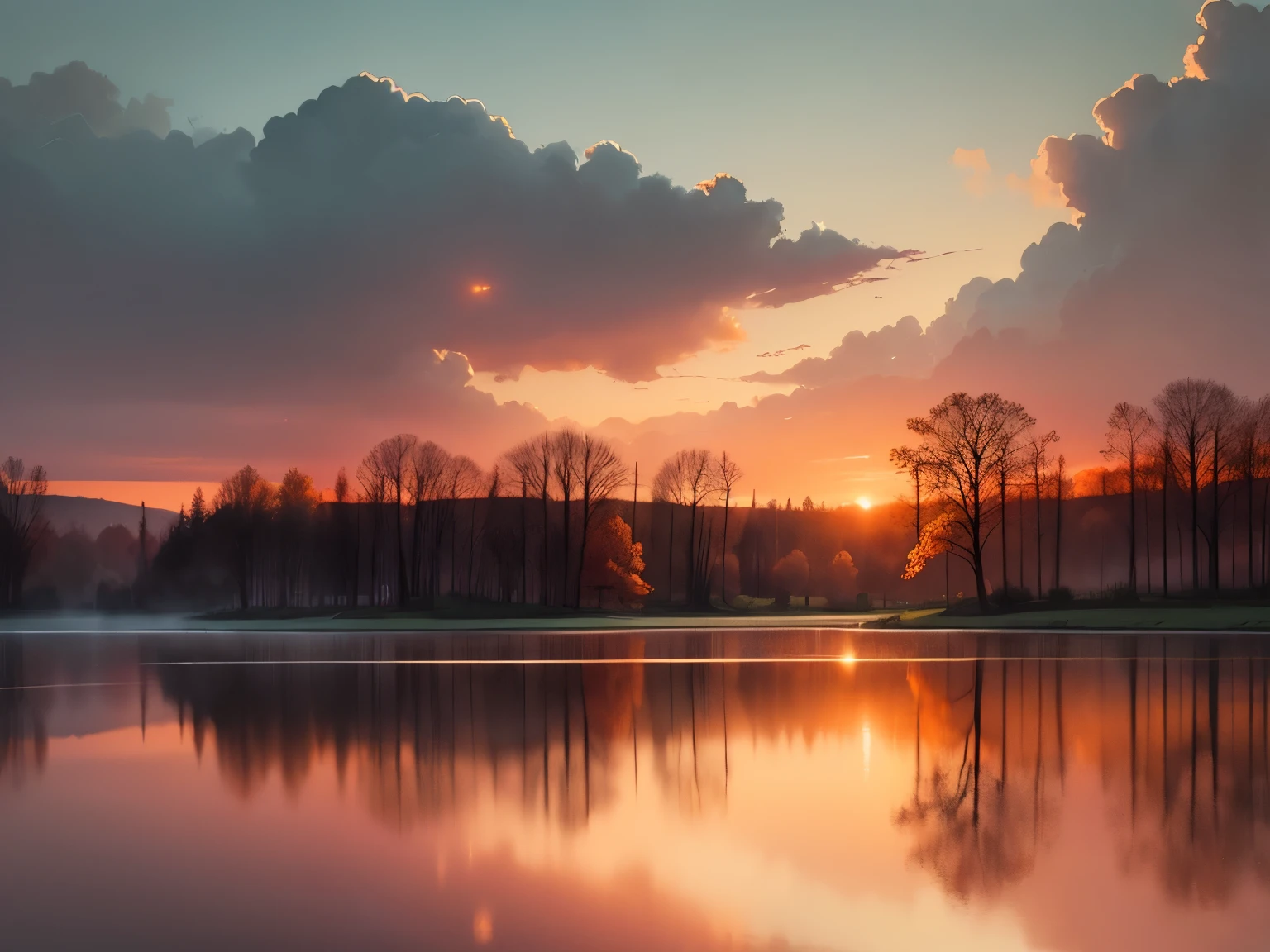 blurred watercolor painting image style, wet-in-wet, best quality, super fine, 16k, park pond at dusk, clouds, sunset, background orange and red