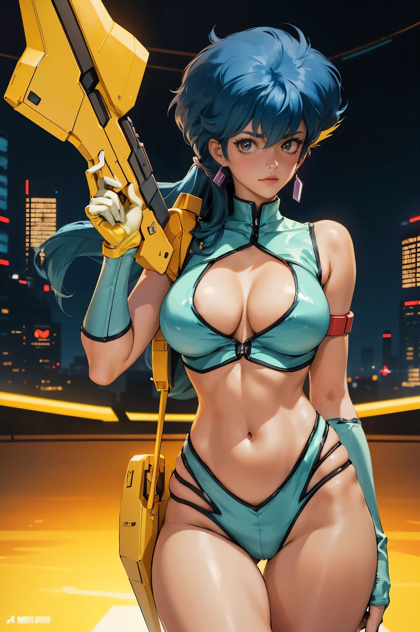 Yuri from The Dirty Pair, , wearing a tight outfit, skimpy, medium breast, (long hair), dark blue hair, beauty, cyberpunk city background, holding retro space-gun, cleavage, slim waist, slim thighs, thigh gap, (light yellow uniform), show belly