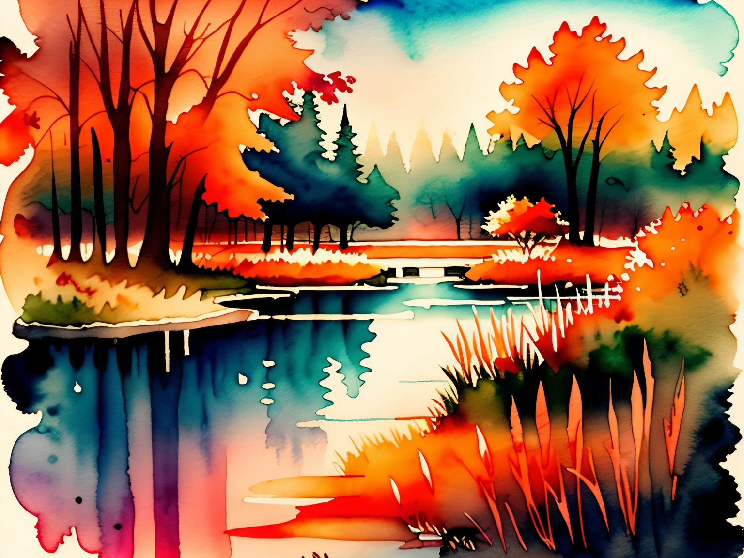 best quality, super fine, 16k, park pond at dusk, clouds, sunset, background orange and red