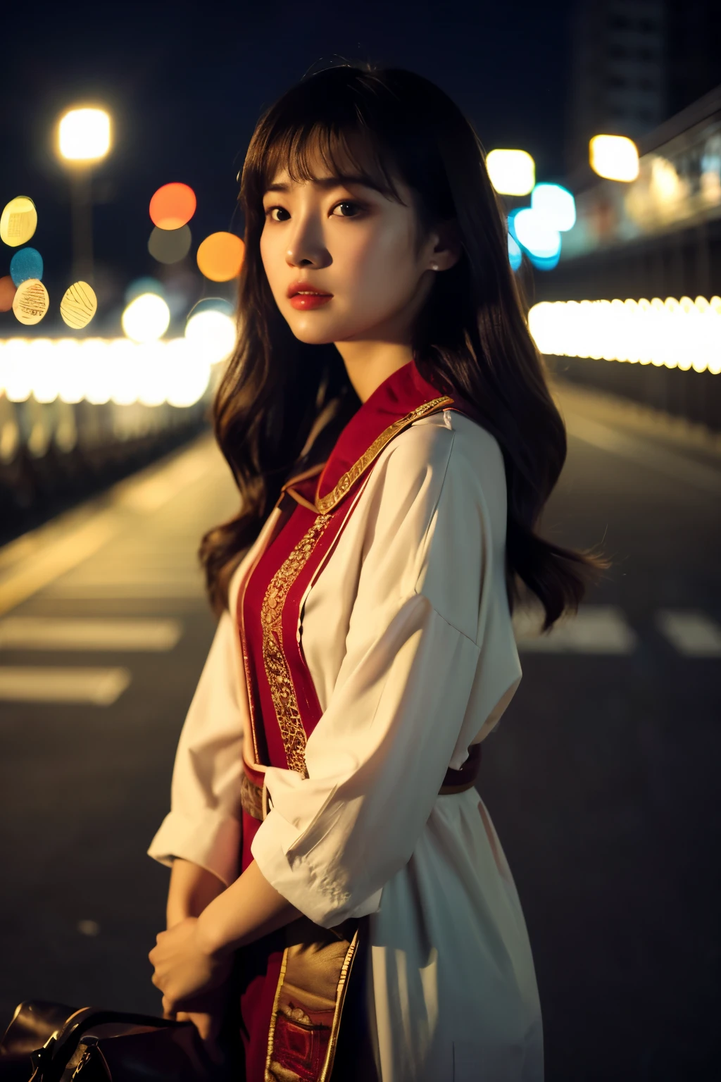 ((highest quality)), ((masterpiece)), (cinematic aesthetic:1.4) Beautiful Korean fashion model bokeh city night photo