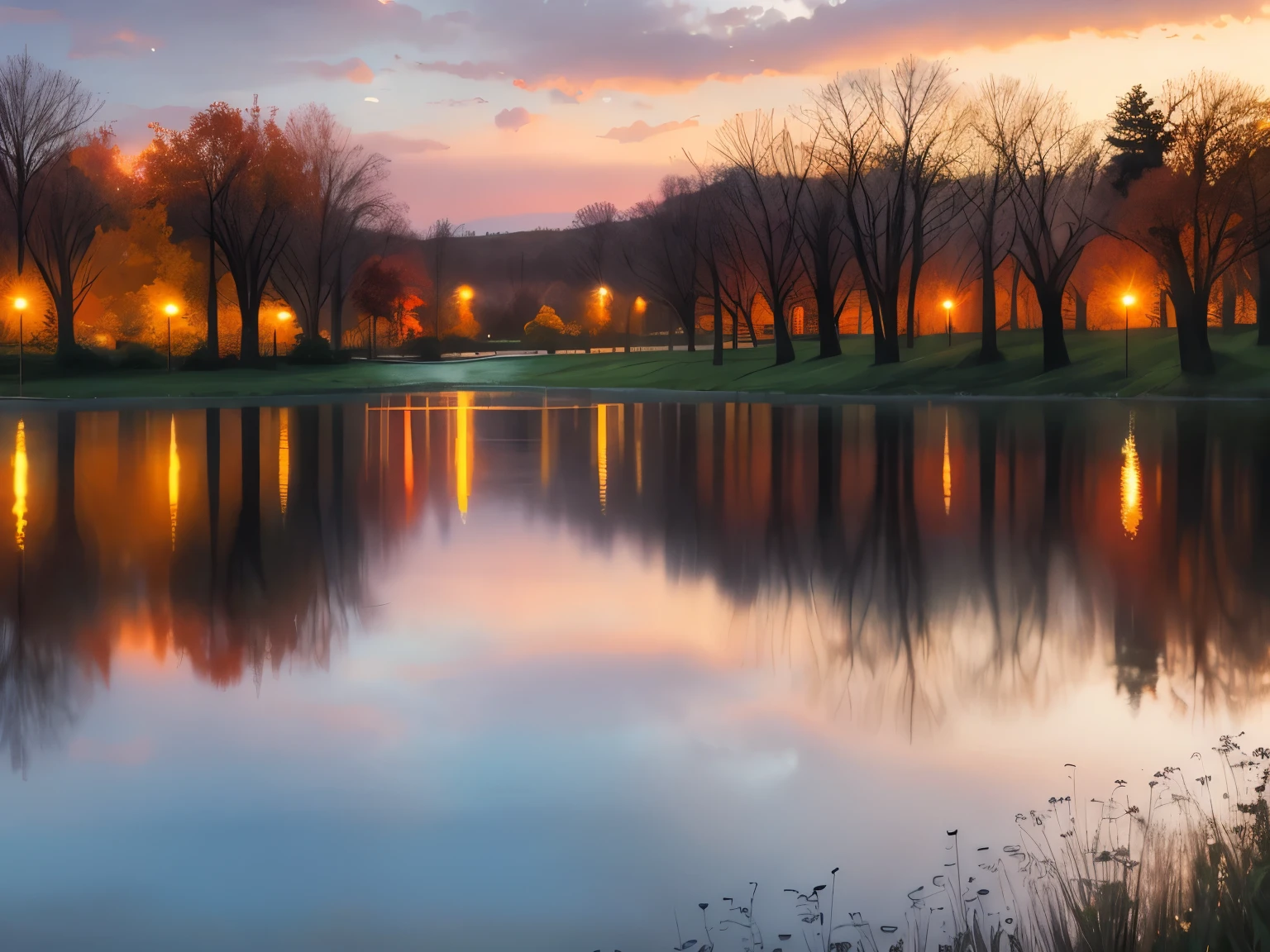 blurred watercolor painting image style, wet-in-wet, best quality, super fine, 16k, park pond at dusk, clouds, sunset, background orange and red
