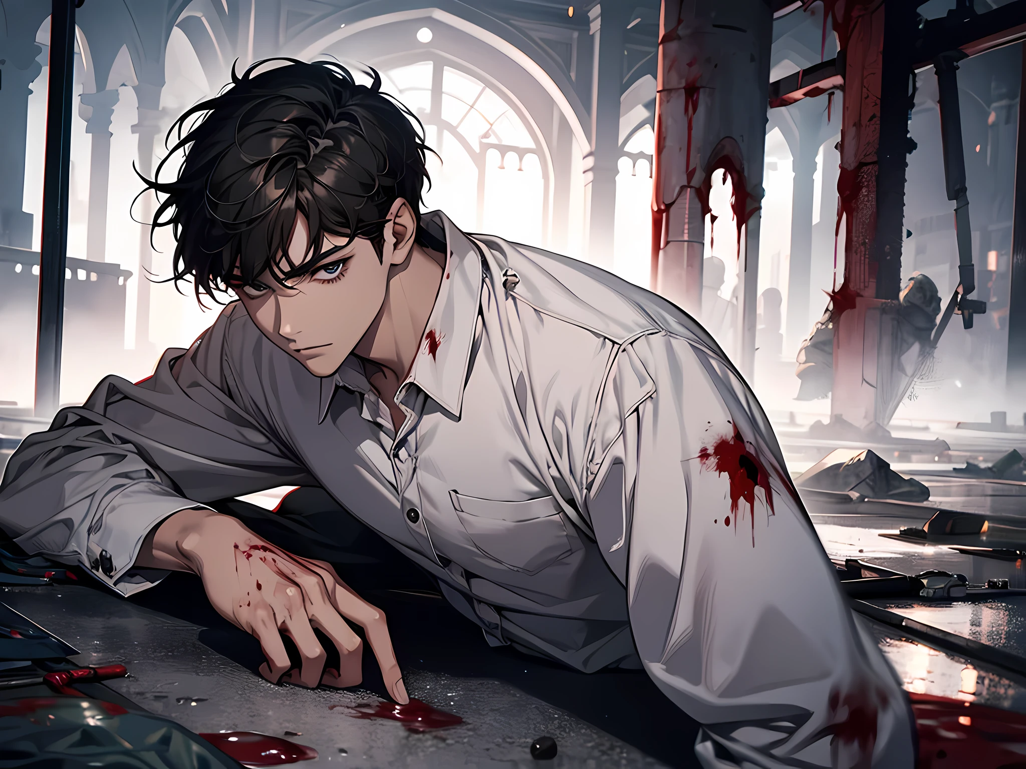 a young man almost die after getting crushed by a comet, black hair, wearing white shirt, lay on ground, (((bloody, blood on clothes)))
