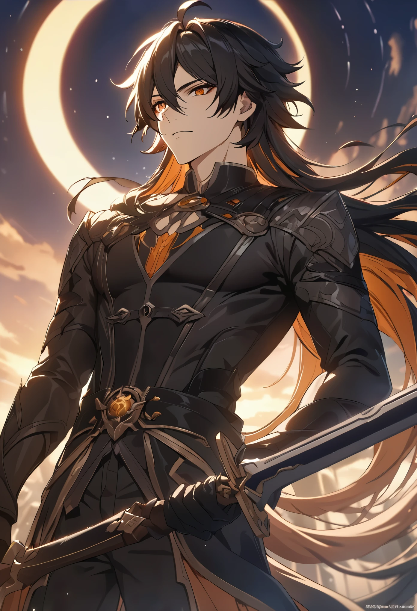 ((solo)), (man), dark orange eyes, black hair, very long messy hair, dark orange colored inner, thin body, hair a close up of a person with a sword in a desolate land detailed key anime art, honkai star trail character, casimir art, masamune shiro, masamune, handsome guy in demon slayer art, genshin, heise jinyao, shadowverse style, (no logos), eclipse, black powers, twilight scenery, detailed clothes, eye reflection, depth of field, cinematic lighting, ray tracing, depth of field, cinematic lighting, ray tracing, UHD, high details, best quality, highres, high quality, award winning, super detail, masterpiece, 8k, UHD, high details, best quality, highres, high quality, award winning, super detail, masterpiece, 8k
