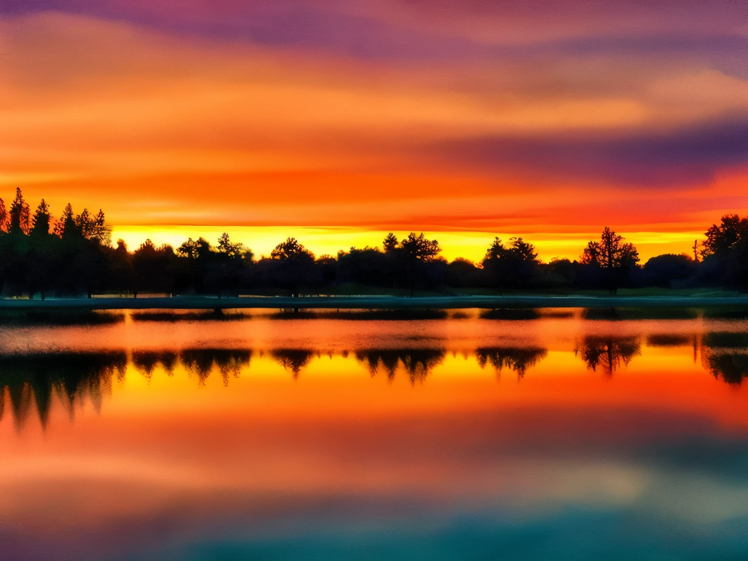 best quality, super fine, 16k, park pond at dusk, clouds, sunset, background orange and red