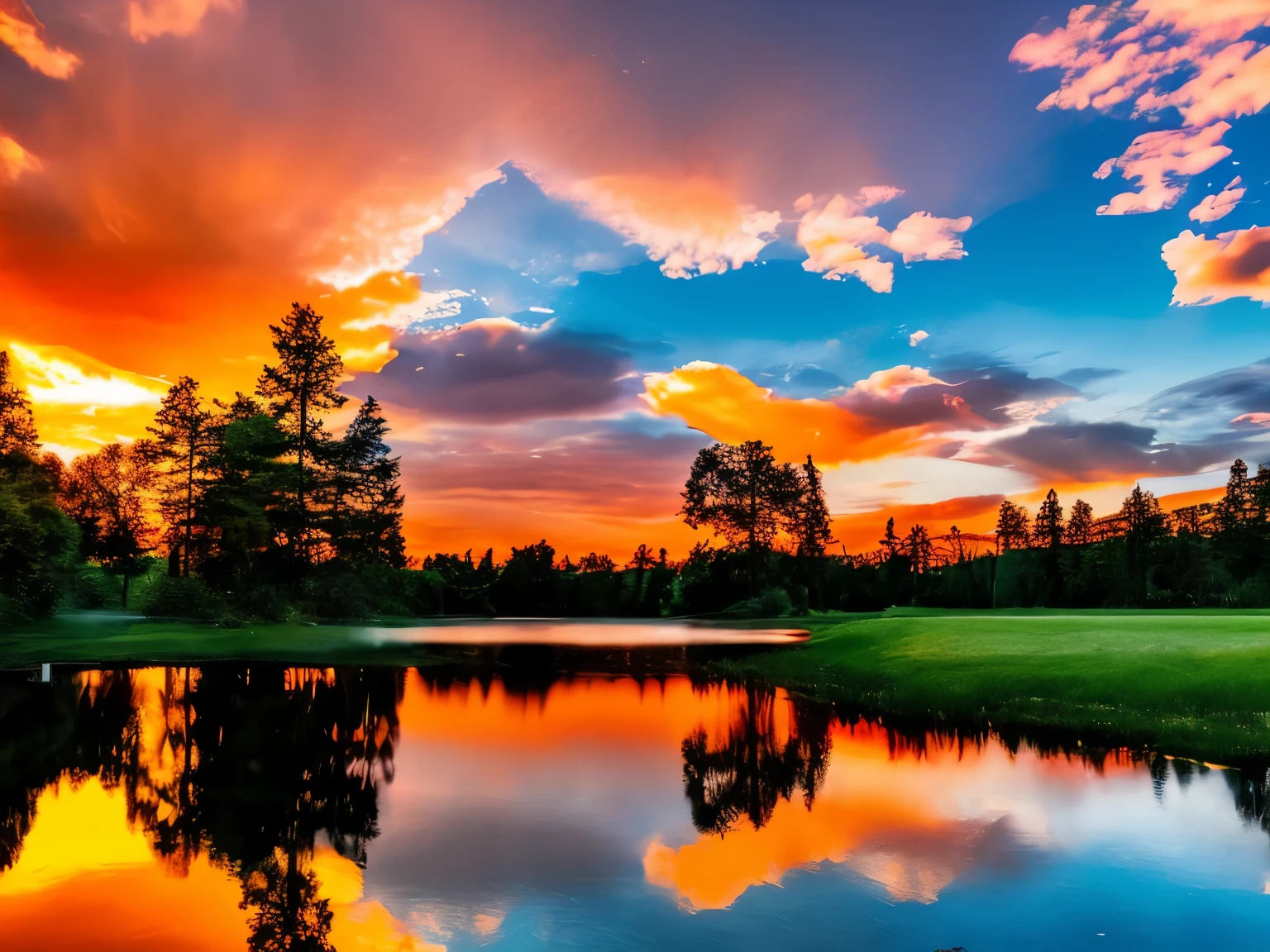 best quality, super fine, 16k, park pond at dusk, clouds, sunset, background orange and red