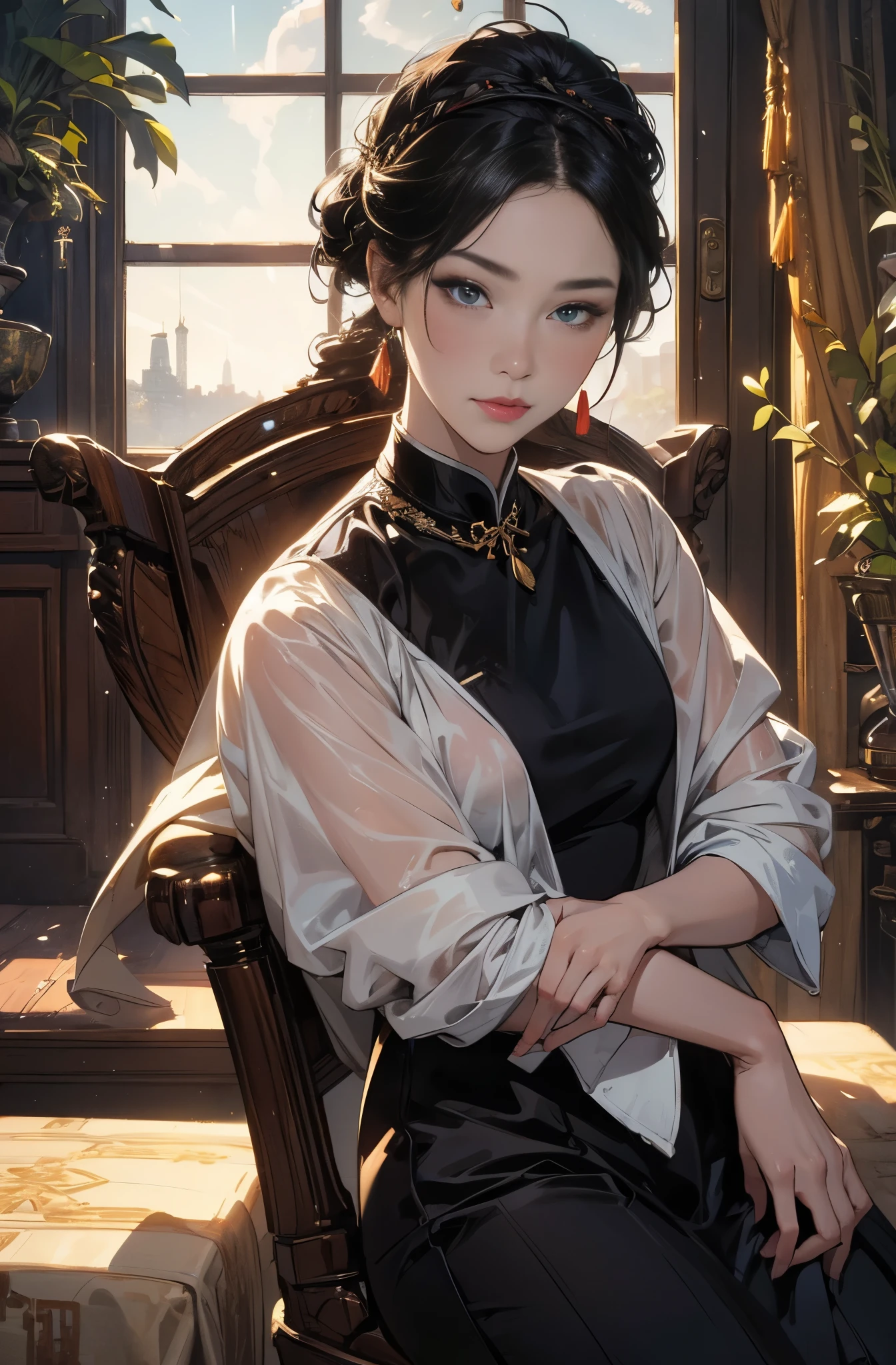 A painting of a beautiful young woman standing quietly, summerside night, beautiful hong kong night view, Million Dollar Night View, Chinese secret agent, talented female spy, First Class Saboteur She is wearing an elegant purple cheongsam....., Works that influenced Chen Yifei, Works that influenced Francesco Hayes, Inspired by Hendrik Terbruggen, Jean=Works that influenced Auguste Dominique Ingres, Inspired by Liu Jun, Jean=Works that influenced Auguste Dominique Ingres, highest quality, perfect angle, perfect composition, best shot, official art, cinematic light, figurative art, intense watercolor, watercolor detailed art,Beautiful and expressive paintings, Beautiful artwork illustration, wonderful, cool beauty, clear, Mysterious, highest quality, official art, perfect composition,perfect angle, Perfect light and shadow contrast, perfect shadow, sharp shadow, cinematic light, best shot, women only, sharp outline, melancholy, nostalgia, nostalgia,sharp and long eyes, Very beautiful and delicate eyes, ideal animation, melancholy, nostalgia, romantic, 1960s, beautiful cityscape, Hong Kong travel diary, sepia colored memories, unforgettable woman, Close-up