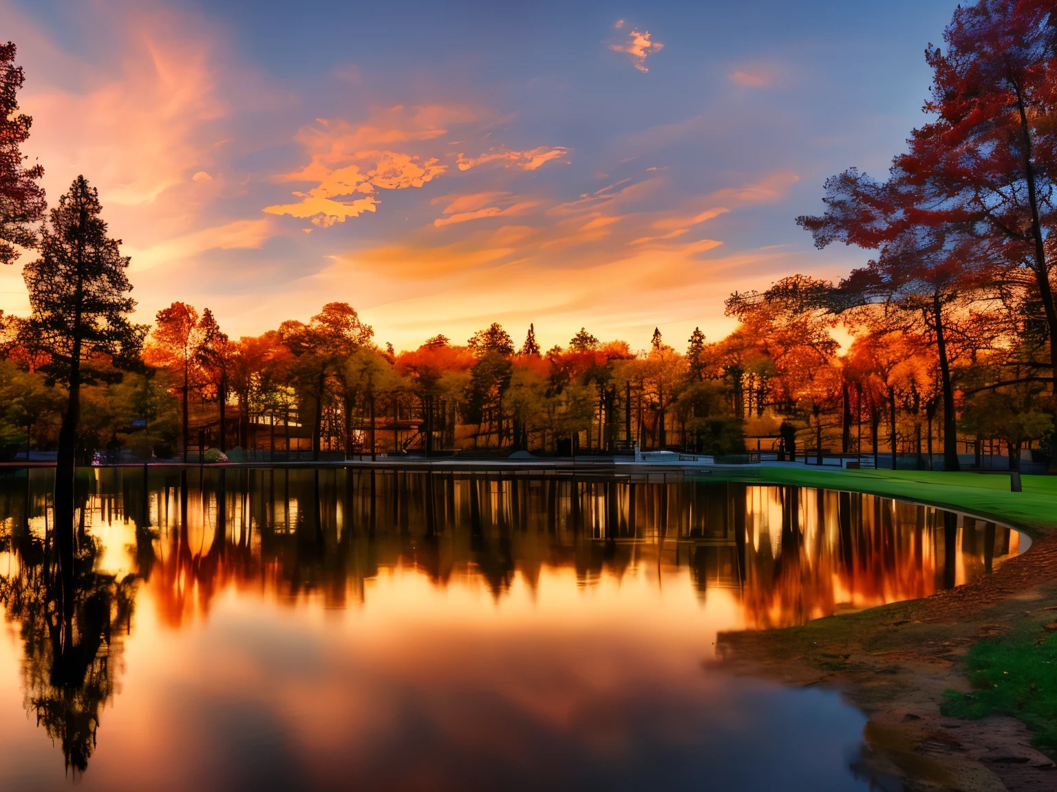 best quality, super fine, 16k, park pond at dusk, clouds, sunset, background orange and red