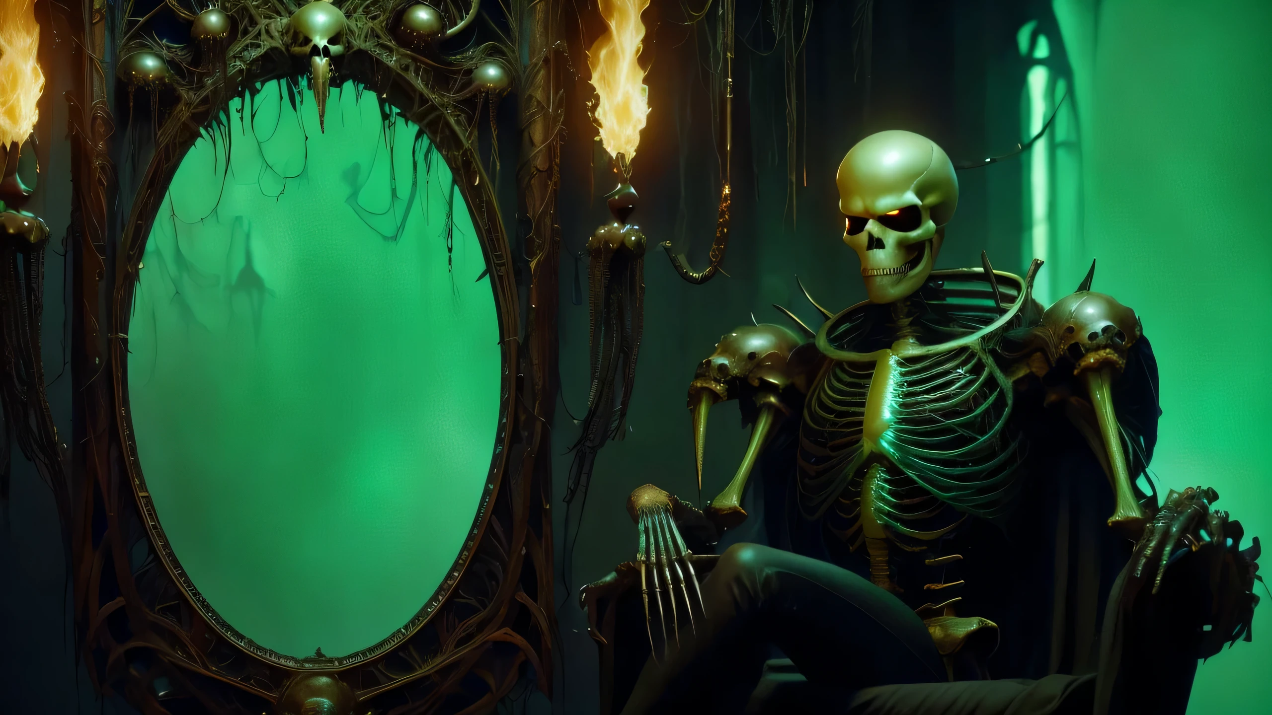 cinematic film still of  <lora:Fright Night 1985 style v2:1>
In the 1980's Zombie Skeleton creature monster a person standing on a green object with green liquid,blurry,depth of field , horror themed, dark themed, low key light, dramatic light, dramatic shadow light, contrast, cinematic color, cinematic look, filmic, realistic, realism, perfection, perfect, Kodak, Kodak film, movie still, Fright Night 1985 style, Fright Night Film style, shallow depth of field, vignette, highly detailed, high budget, bokeh, cinemascope, moody, epic, gorgeous, film grain, grainy