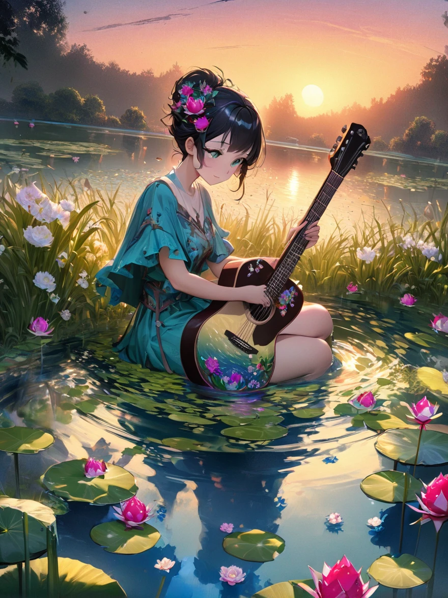 ((Evening Pond:1.8)),A guitar made of dragon fruit floats in the river, half leaking out, surrounded by a small amount of green grass and flowers. The sunlight shone on its face, creating a beautiful scene. It has a surreal style, bright colors, and high-definition photography. I can't believe how beautiful these photos are! High definition, high-resolution, wide-angle lens, panoramic, water splashing effect, floating instrument, natural scenery, brilliant sunshine. Surrealist style, ((Marc Chagall style)), Amazing naive art, primitivism, original gene,((best quality, masterpiece)), (higher detail), Impressionism:1.1, 8K