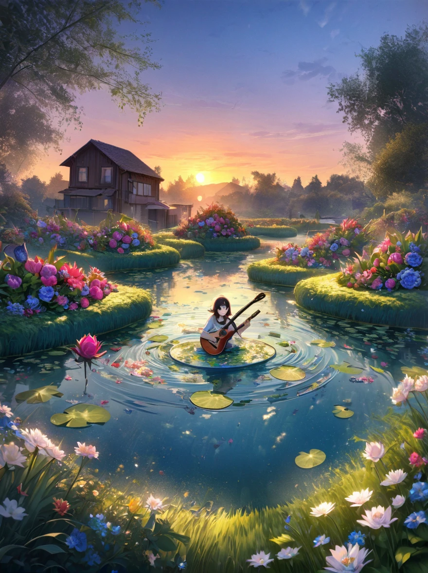 ((Evening Pond:1.8))，A guitar made of dragon fruit floats in the river, half leaking out, surrounded by a small amount of green grass and flowers. The sunlight shone on its face, creating a beautiful scene. It has a surreal style, bright colors, and high-definition photography. I can't believe how beautiful these photos are! High definition, high-resolution, wide-angle lens, panoramic, water splashing effect, floating instrument, natural scenery, brilliant sunshine. Surrealist style, ((Marc Chagall style)), Amazing naive art, primitivism, original gene,((best quality, masterpiece)), (higher detail), Impressionism:1.1, 8K