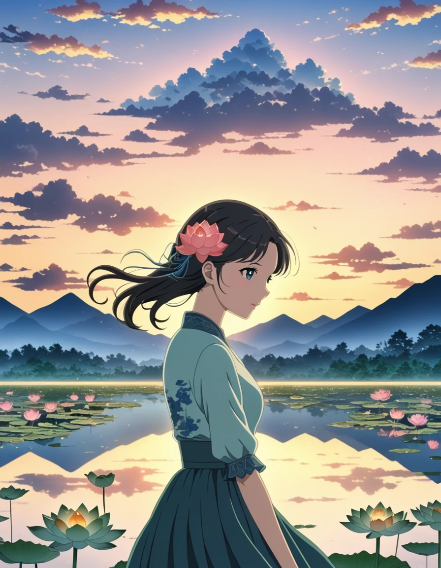 dusk landscape, sunset，pond，Put your arms by your sides, portrait, close up, looking at camera, best quality, Upper body, shirt, pond里的女人, Erica Campbell, Nikon d850 film stock photo 4 Kodak 400 camera f1.6 lenses rich colors ultra realistic textures natural light popular on artstation cinestill 800, (100mm lens), long hair