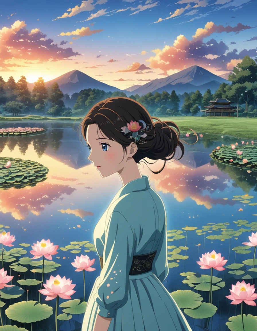 dusk landscape, sunset，pond，Put your arms by your sides, portrait, close up, looking at camera, best quality, Upper body, shirt, pond里的女人, Erica Campbell, Nikon d850 film stock photo 4 Kodak 400 camera f1.6 lenses rich colors ultra realistic textures natural light popular on artstation cinestill 800, (100mm lens), long hair
