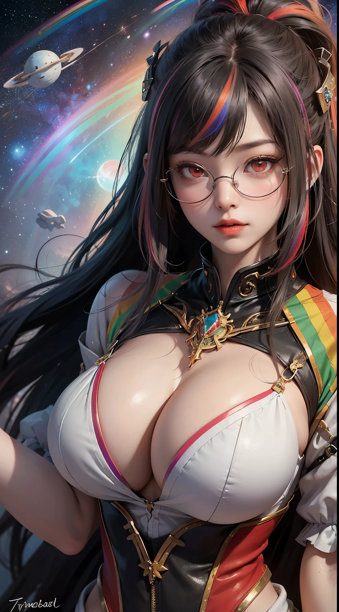 1名 27歳 woman, Understood、(best illustration)、8K UHD resolution、intricate details、最high quality、realistic、Super detailed、best writing、best shadow、soft lighting、ultra hd、dungeon and Dragon、cave、dungeon、 necromancer、night、dark style、Succubus、devil&#39;Daughter of、bat wings，(((デーモンホーンラック縁round glasses))))、(((big breasts)))、(devil&#39;tail)、(red eyes shine:1.6)、masterpiece、beautiful features、Tyndall effect、realisticphotograph、(high detail skin:1.2)、8KUHD、Digital single-lens reflex camera、high quality、photograph、High resolution、 absurd、Ponytail distortion、Optimal ratio of 4 fingers and 1 thumb、1 girl、hair ornaments、真っ赤に輝くgemのネックレス、gem、beautiful expression、body up、big breasts emphasis、tight waist、wide ass、Tyndall effect、Photoreal、(high detail skin:1.2)、dark and mysterious version, lipstick red lips, thin and beautiful lips, Don&#39;Don&#39;Don&#39;Don&#39;don&#39;t laugh, please shut your mouth, Characters created by Karol Baku and Pino Denis, intricate details, detailed background, very detailed, magic of light, woman, cute face, ((((giant glasses, otaku glasses, thick glasses, round glasses))))、 looking at the Upper body of the goddess , round chest, big and round chest, phoenix hair brooch, long hair with bangs, (Long hair has seven colors like a rainbow:1.9), Beautifully detailed face and well-proportioned eyes, (Crystal clear red eyes: 1.8), Big round eyes and very beautiful and detailed makeup, Visionary, long silk nightgowns, mysterious makeup, ブresponseレット, I dyed the side bangs light yellow....., Upper body, (goddess Upper body: 1.8), hanging arms, リアルで鮮やかなphotograph, (stars that make up : 1.7), ( Space-time portal of sky and imagination: 1.8), fiction art, RAWphotograph,黒い着物のphotograph, 最高のphotograph , expensive_response, 最high quality, 最高のphotograph, 8K quality, 8K ultra , surrealism, 最も経済的な本物のphotograph, Artistic portrait of 12 signs, Symbol of one of the 12 signs on the reverse side, 12 Portrait of the Goddess, 最もrealistic配色, 最高のphotograph color, masterpiece, hair ornaments, ネックresponse, jewelry, beautiful face, Upper body, Tyndall effect, photographのようにリアルな, Dark studio, border light, two tone light, (fine skin) expensive: 1.2), 8K UHD, Digital single-lens reflex camera, soft light, expensive quality, volume light, Frank, photograph, expensive responseolution, 4K quality, 8K, Bokeh, smooth and sharp, 10x more pixels, Charming goddess, sexy goddess, (background space: 1.8), (milky way: 1.7), aurora, lightning, (auroraの背景: 1.8) <roller:crazy_perfect eyes_V1_from_V1_, beautiful goddess and flowers, 