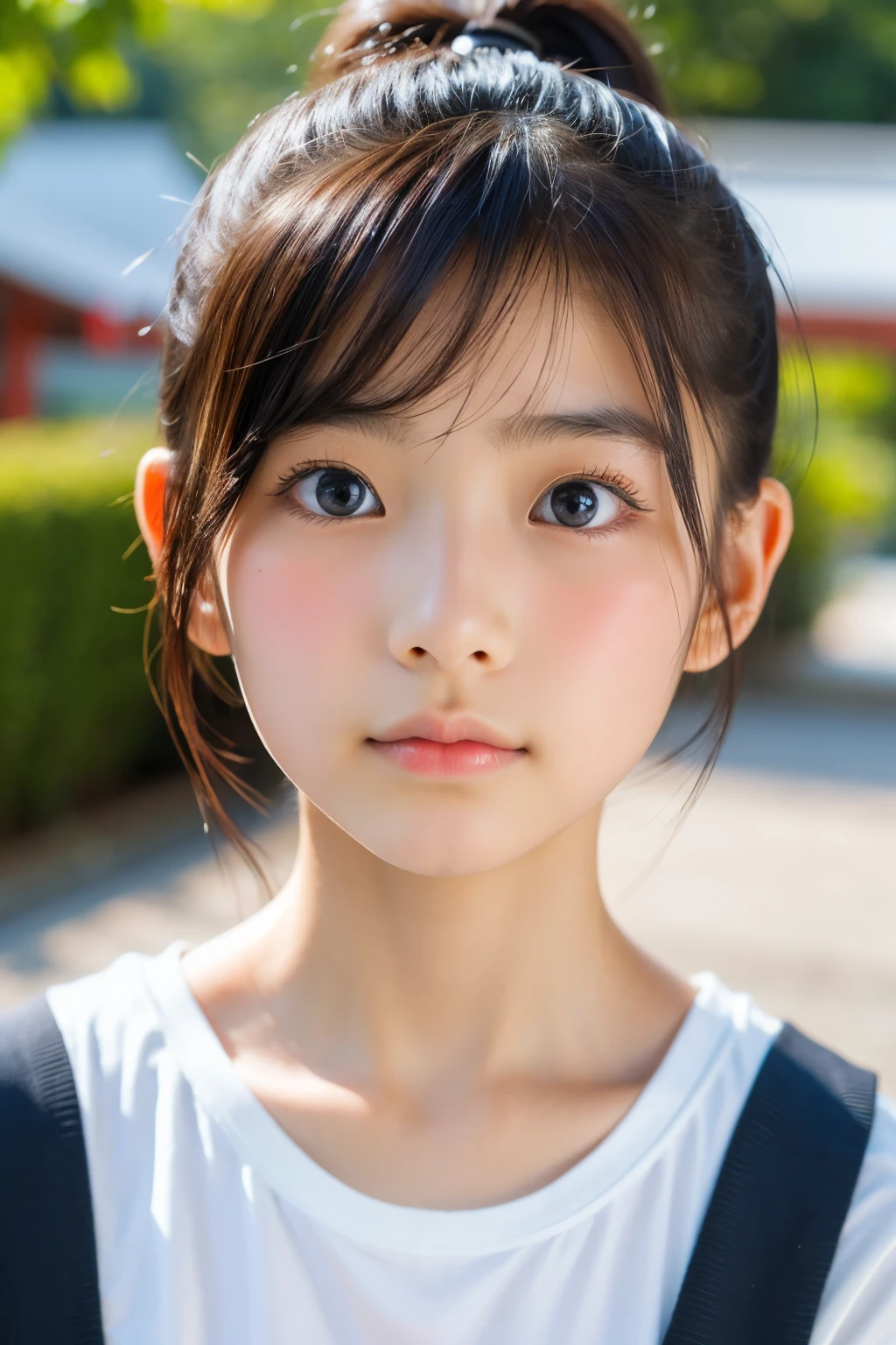 (Beautiful 16 year old Japanese female), cute face, (deeply carved face:0.7), (freckles:0.6), soft light,healthy white skin, shy, ponytail, (serious face), (sparkling eyes), thin