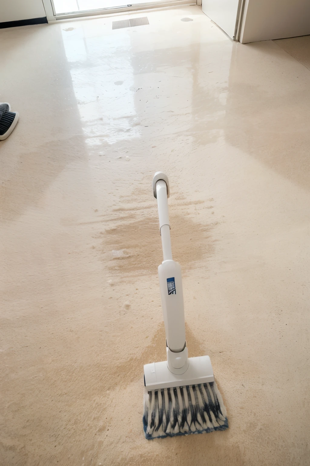 An (((overhead image))), with a focus on the floor, showing a dominant presence of (((white color))), yet with traces of dirt scattered across it. In the center of the image, a clearly visible (((cleaning trail))), no wider than a standard mop, cutting through the grime, illustrating a sense of meticulousness