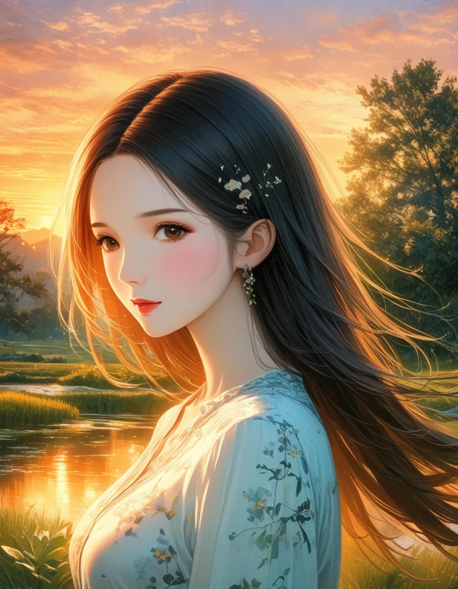 dusk landscape, sunset，pond，Put your arms by your sides, portrait, close up, looking at camera, best quality, Upper body, shirt, pond里的女人, Erica Campbell, Nikon d850 film stock photo 4 Kodak 400 camera f1.6 lenses rich colors ultra realistic textures natural light popular on artstation cinestill 800, (100mm lens), long hair