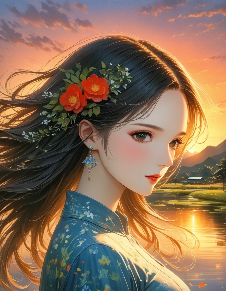 dusk landscape, sunset，pond，Put your arms by your sides, portrait, close up, looking at camera, best quality, Upper body, shirt, pond里的女人, Erica Campbell, Nikon d850 film stock photo 4 Kodak 400 camera f1.6 lenses rich colors ultra realistic textures natural light popular on artstation cinestill 800, (100mm lens), long hair