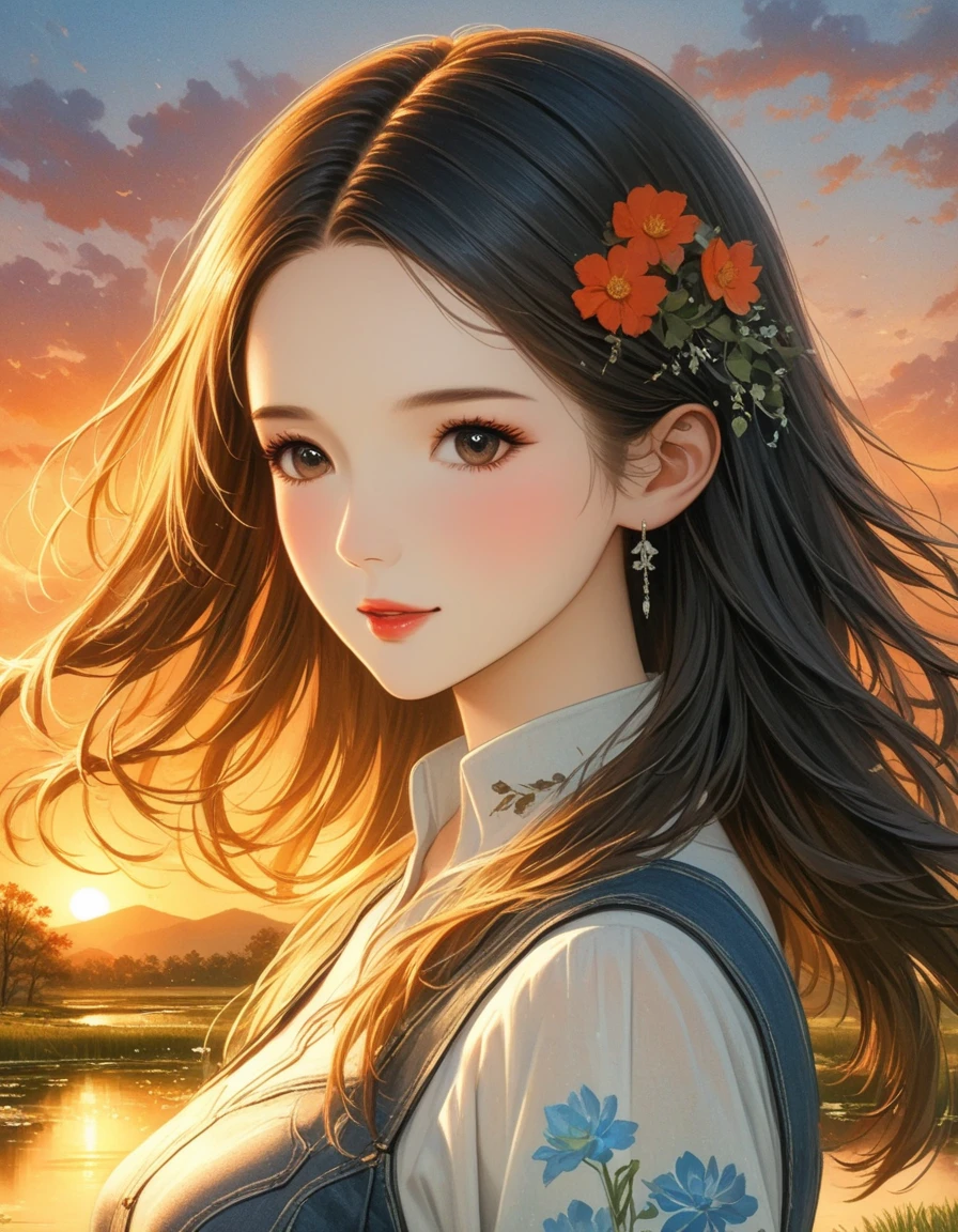 dusk landscape, sunset，pond，Put your arms by your sides, portrait, close up, looking at camera, best quality, Upper body, shirt, pond里的女人, Erica Campbell, Nikon d850 film stock photo 4 Kodak 400 camera f1.6 lenses rich colors ultra realistic textures natural light popular on artstation cinestill 800, (100mm lens), long hair