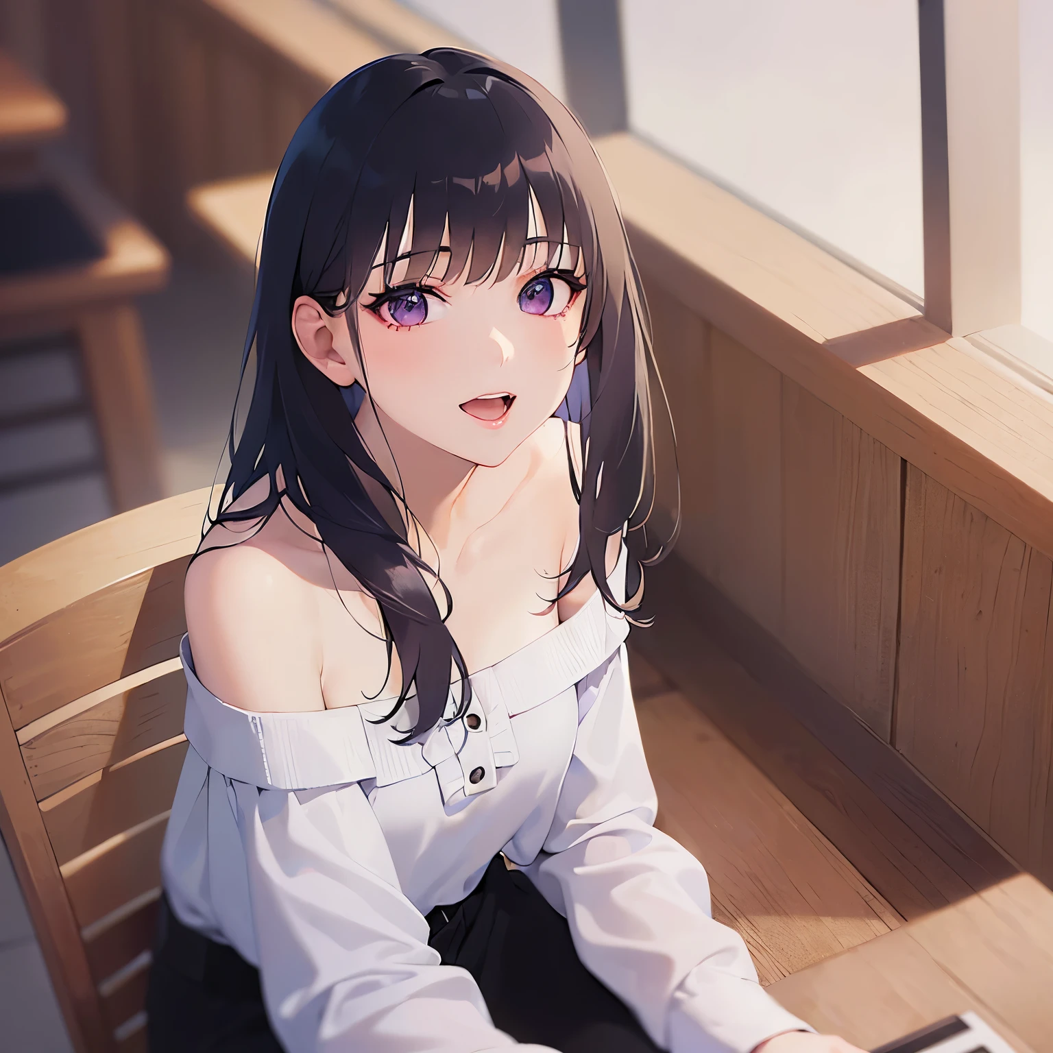 (white off shoulder blouse:1.5), covering mouth with hand、looking up, shooting from above、Biologically correct five fingers、Upper Body, Realistic, real person, (pale skin: 1.2), RAW photo, photorealistic, portrait photography, shiny skin, japanese idol、shiny hair、(25 year old woman with straight medium hair with bangs) and (black hair) and (purple eyes) , smile, open mouth, The background is the interior of the cafe.、Alone、sitting