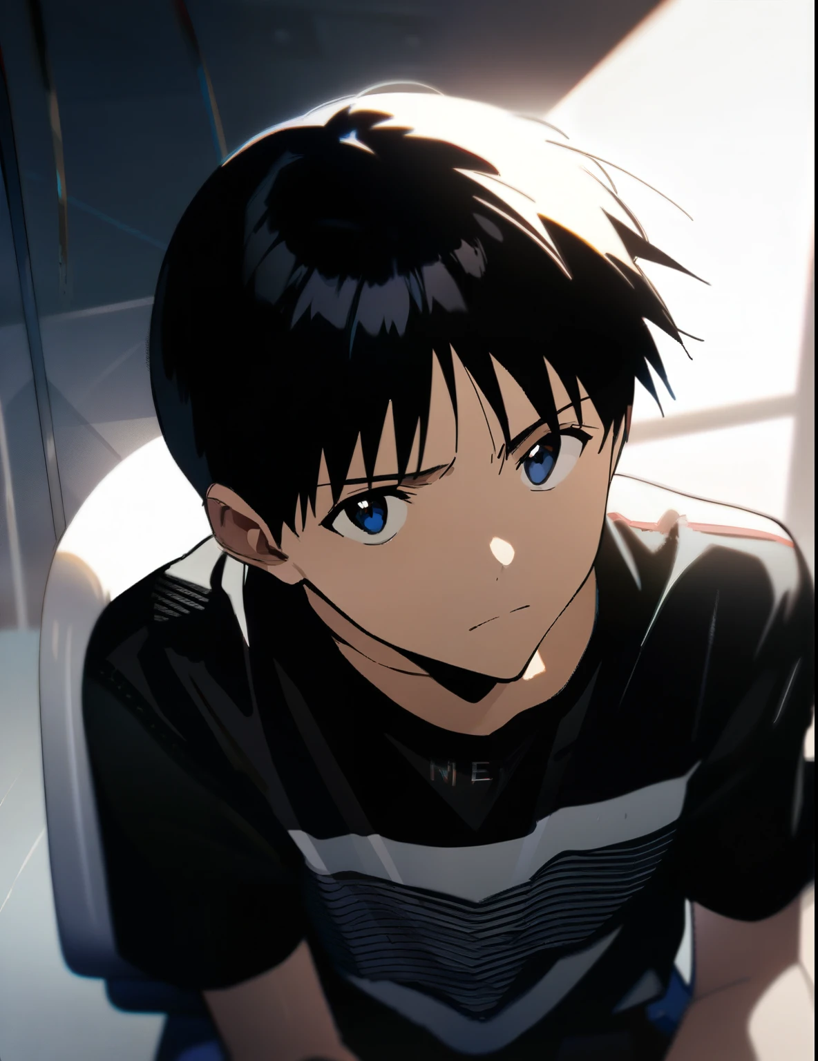 1 boy, Male focus, Ikari Shinji, Neon Genesis Evangelion, Single, Detain mug, He sits, On a chair, Detain, Serious face, Looking at the viewer, Inside, Upper body, cinematic angle,, (Masterpiece), (Best quality), (Very detailed), Very aesthetic, clarification, shag, Perfect configuration, Moist skin, Complex details,