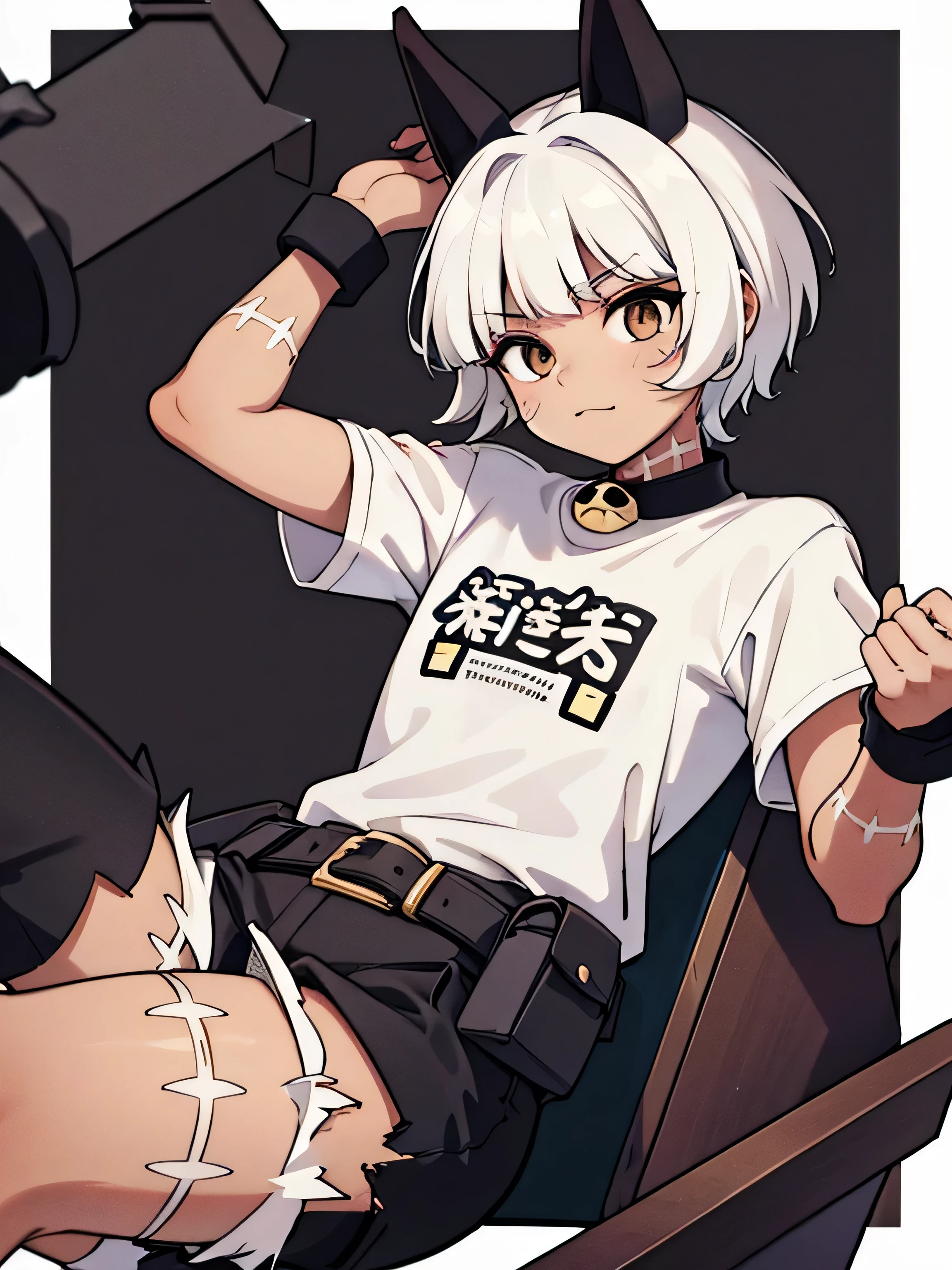 A somewhat feminine boy, Brown eyes, white hair, Brown skin, with a white t-shirt with black details and black shorts