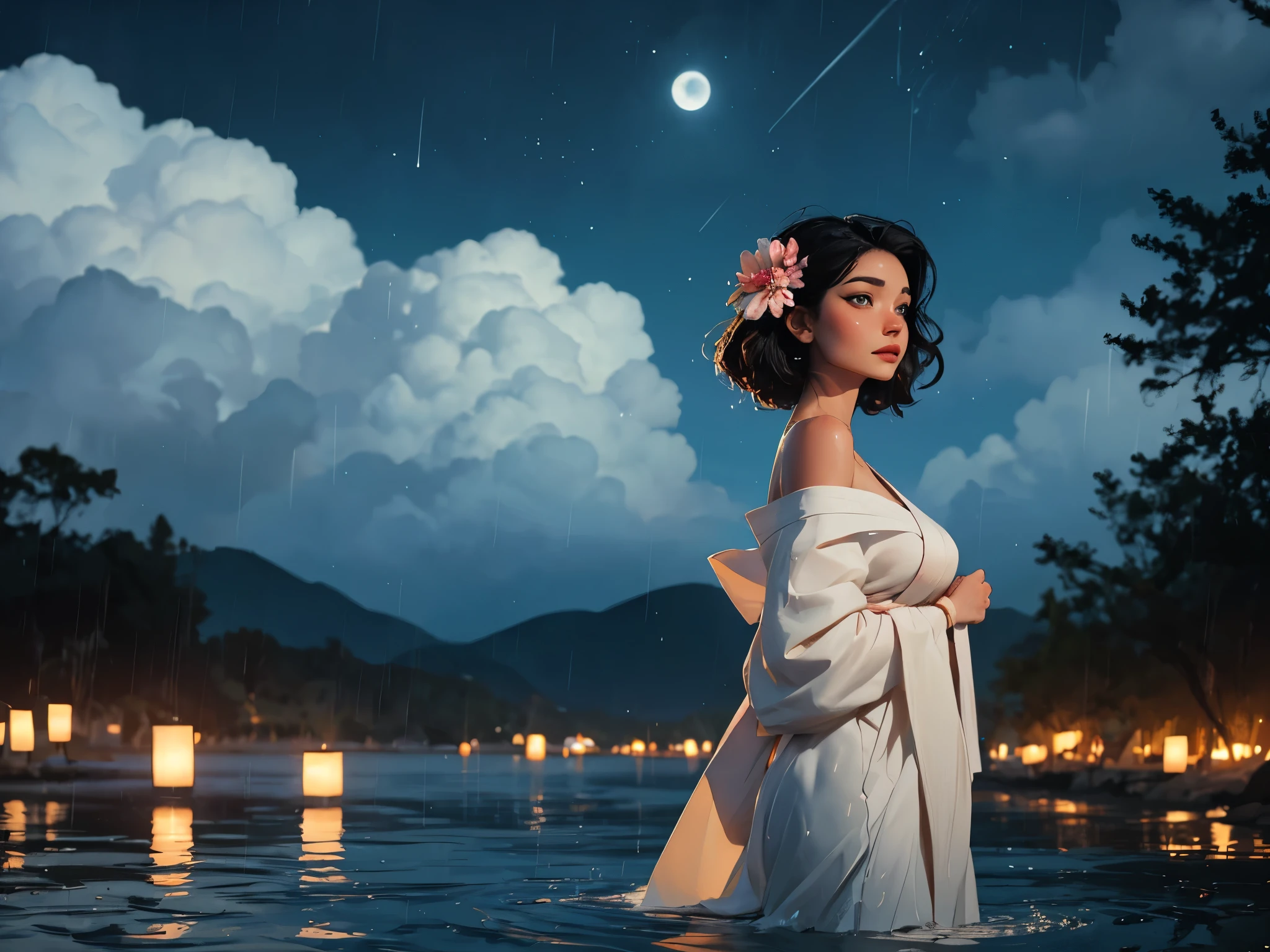 1girl, breasts, moon, lantern, night, solo, large breasts, hair ornament, wet, open kimono, open japanese clothes, wading, water, hair flower, flower, outdoors, sky, full moon, rain, black hair, off shoulder, mountain, cloud, holding, sash, bare shoulders, paper lantern, standing, black kimono, (((night sky))), sideboob, obi, wet clothes, bangs, tree, from side, reflection, short hair, cloudy sky, wet hair (((masterpiece),(extremely detailed CG unity 8k wallpaper),best quality,,solo,1girl,cinematic lighting,detailed background,beautiful detailed eyes,bright pupils, (an extremely delicate and beautiful),(Beautiful and detailed eye description)， ultra-detailed,masterpiece,)), (((at night)))