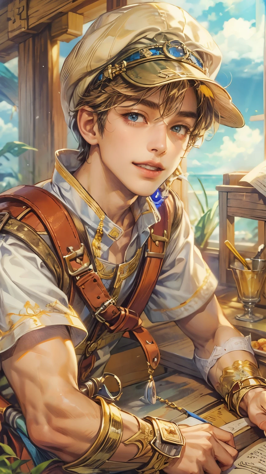 (absurdres, highres, ultra detailed, HDR), masterpiece, intricate details, best quality close-up picture of a character from Ragnarok Online with a perfect face, smile face, an adventurer with handsome looks, cool hero, short hair, anime eyes, matured teen, fantastic outfit showing chest, crop top, detailed Philippine market interiors with window beach scenery, detailed character, art kenouji