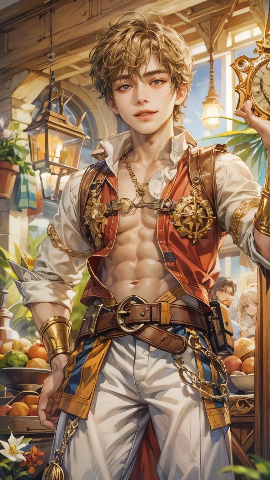 (absurdres, highres, ultra detailed, HDR), masterpiece, intricate details, best quality close-up picture of a character from Ragnarok Online with a perfect face, smile face, an adventurer with handsome looks, cool hero, short hair, anime eyes, matured , fantastic outfit showing chest, crop top, detailed Philippine market interiors with window beach scenery, detailed character, art kenouji