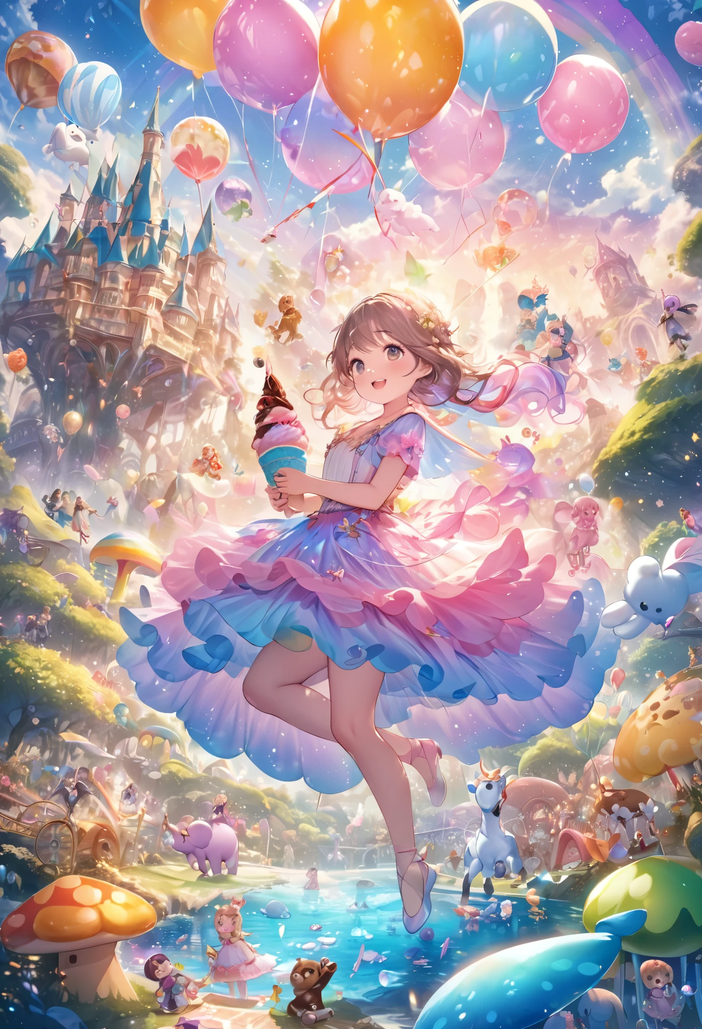 (best quality,4k,8k,highres,masterpiece:1.2),ultra-detailed,(dreamy and colorful picture),dreamy and colorful illustration,fantastic,fun and vibrant colors,playful and imaginative atmosphere,cute and adorable characters,whimsical and enchanting setting,magical and surreal elements,underwater world with friendly creatures,sunlit forest with talking animals,children having fun in a giant candyland,floating islands in the sky with rainbow bridges,castle made of candy and chocolate,unicorn flying over a rainbow,dream-like clouds in the sky,fairy dust and sparkles,floating bubbles and balloons,exquisite attention to details,beautifully rendered textures and lighting,storybook-like style,joyous and lively ambiance,expressive and animated characters,happy and smiling faces,ballet dancers in colorful tutus,"balloon animals","cotton candy","carousel rides","magical wands","glittering stars","butterflies and fireflies","lollipops and ice cream cones","giant mushrooms and talking trees","toy cars and playful robots","teddy bears and dolls","rainbow kites and flying elephants","little pirates and princesses","superheroes and fairies".