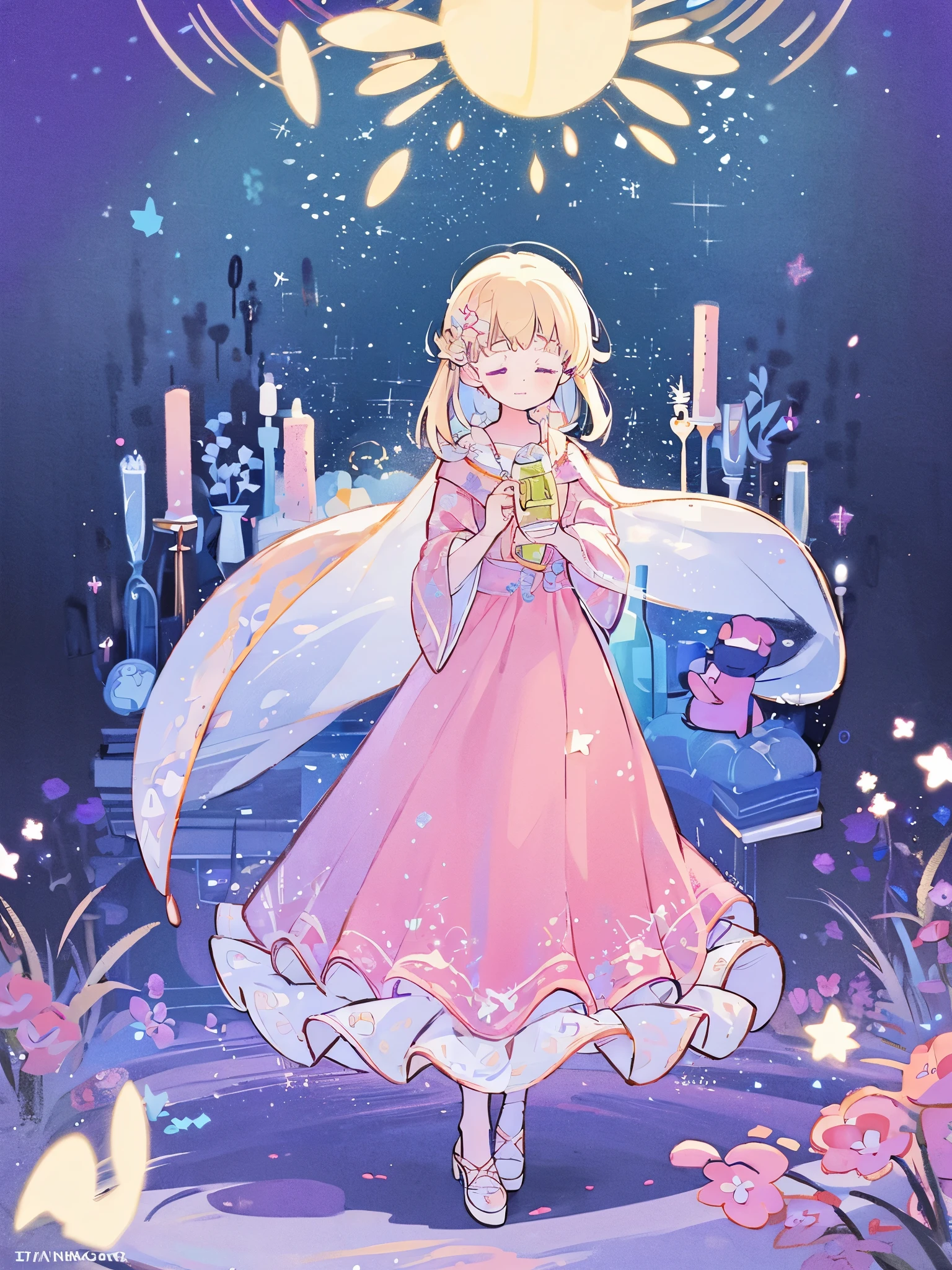complex background, wishing star background, woman inside of the bottle wearing a ethereal mystical pink traslucent dress that reflects the stars , perfume promo art, mystic,complex drawing, highly detailed, Covergirl brand, promo art,a woman inside of a perfume bottle. artistic rendition, ethereal, starry night, midjourney style