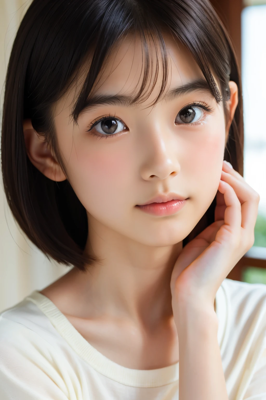 (Beautiful 16 year old Japanese female), cute face, (deeply carved face:0.7), (freckles:0.6), soft light,healthy white skin, shy, short hair, (serious face), (sparkling eyes), thin