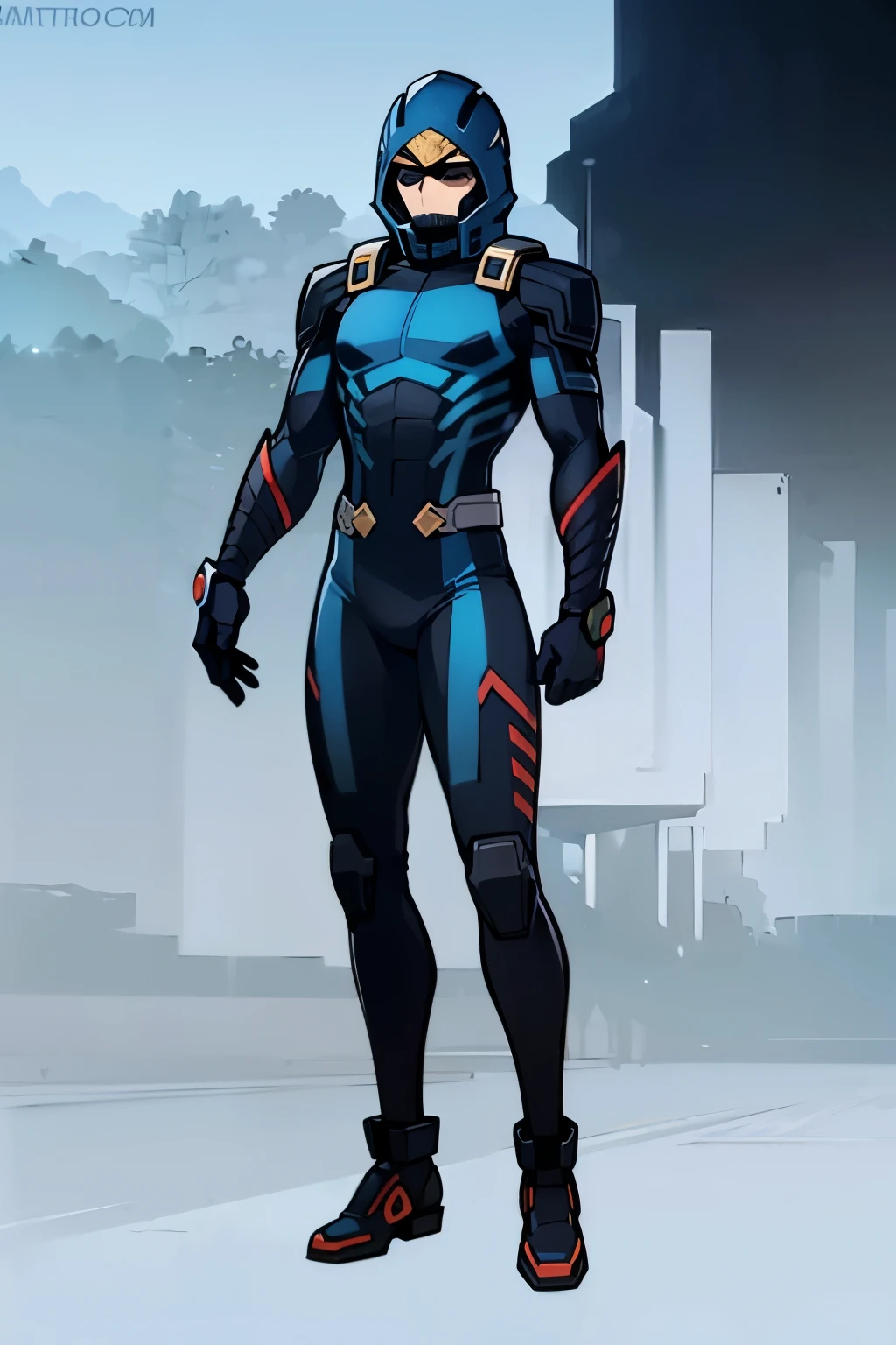 My Hero Academia style, anime boy, male, young male, trending on artstation pixiv, (full body shot:1.5), head covering, helmet, face covering, mask, hero suit, full body suit, blue suit, Perfect anatomy, Super Detailed,